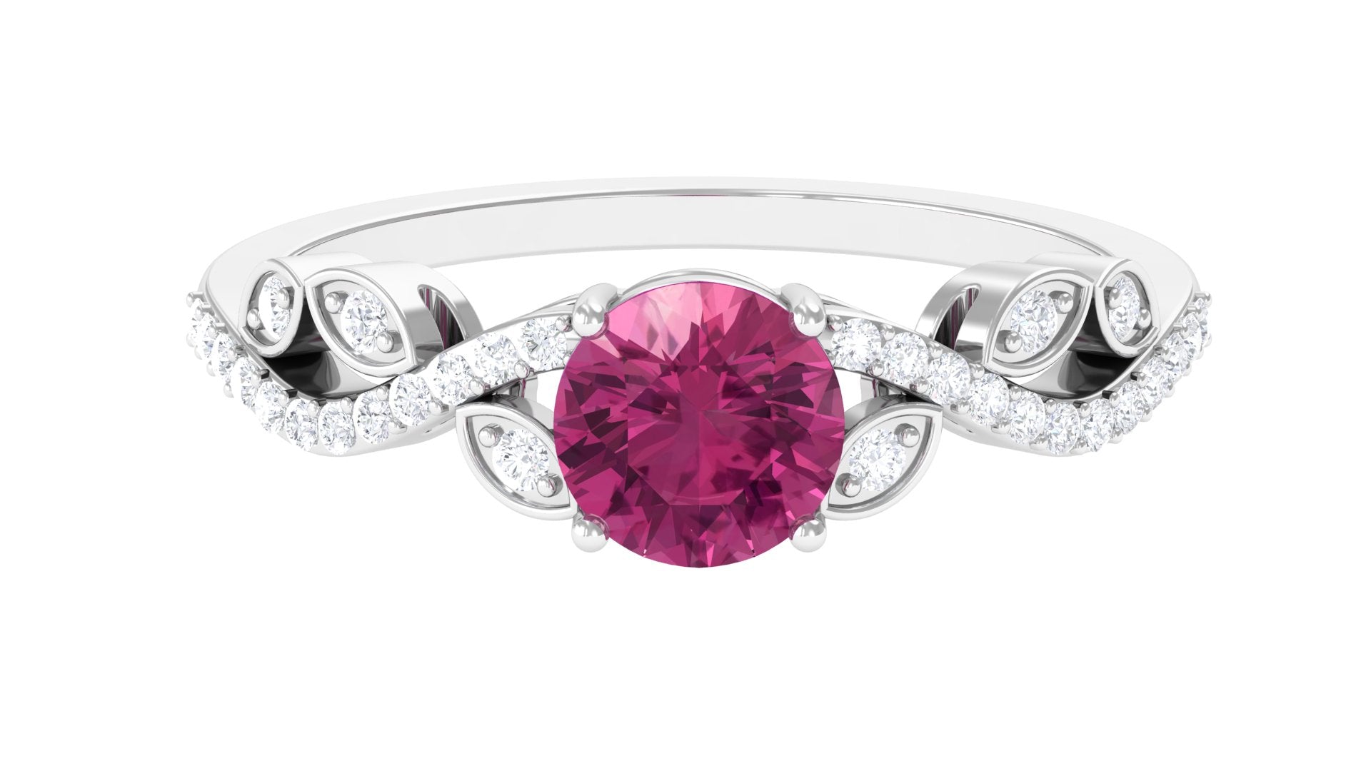 Rosec Jewels-Round Shape Pink Tourmaline Designer Engagement Ring with Diamond