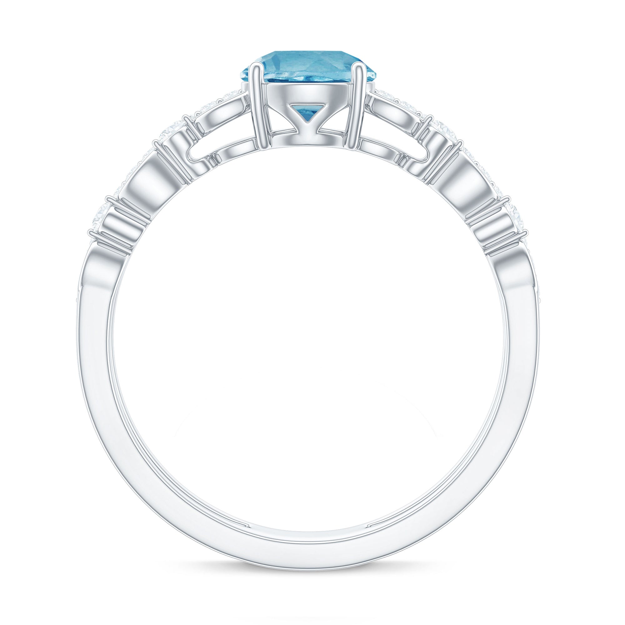 Rosec Jewels-Round Shape Swiss Blue Topaz Solitaire Double Band Ring with Diamond