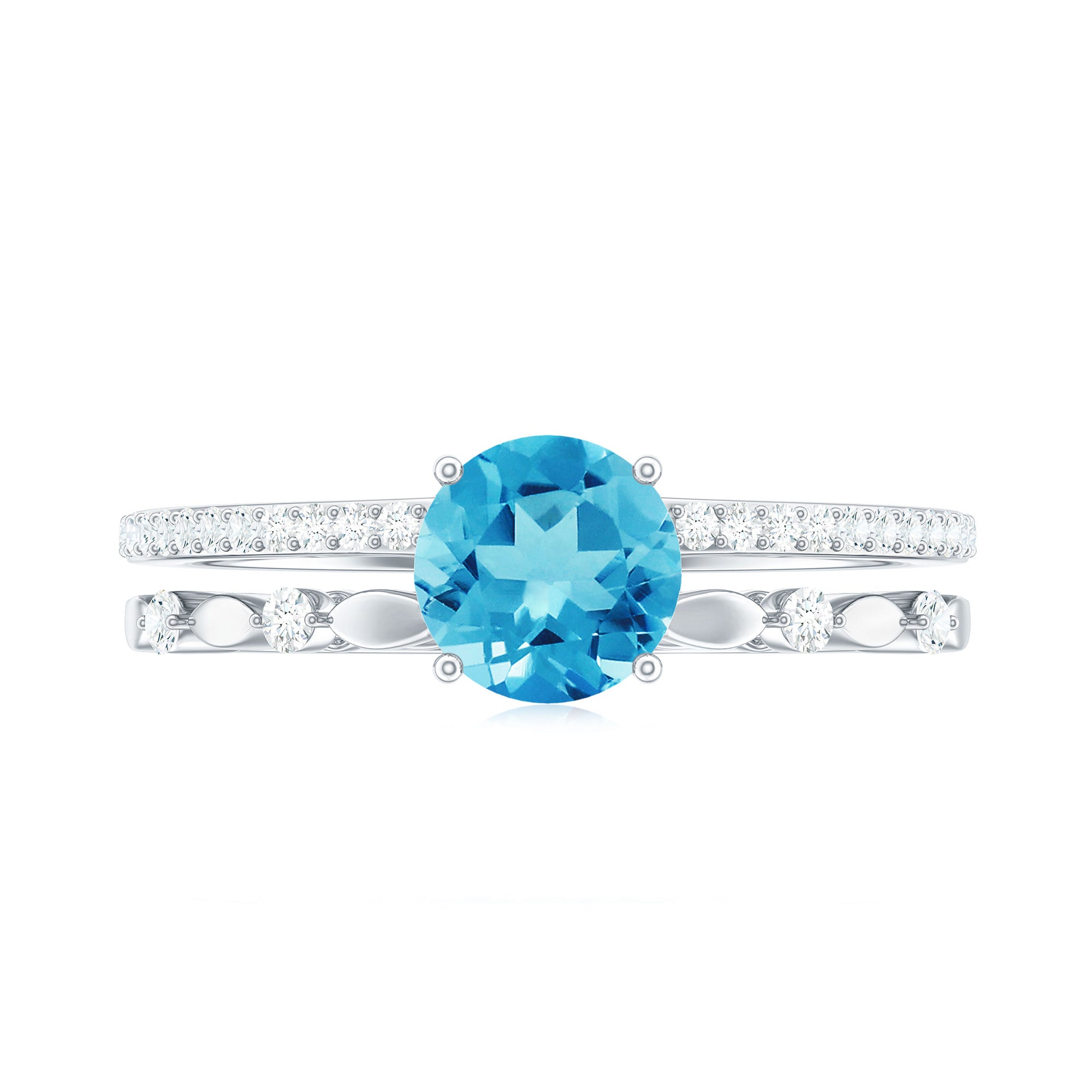 Rosec Jewels-Round Shape Swiss Blue Topaz Solitaire Double Band Ring with Diamond