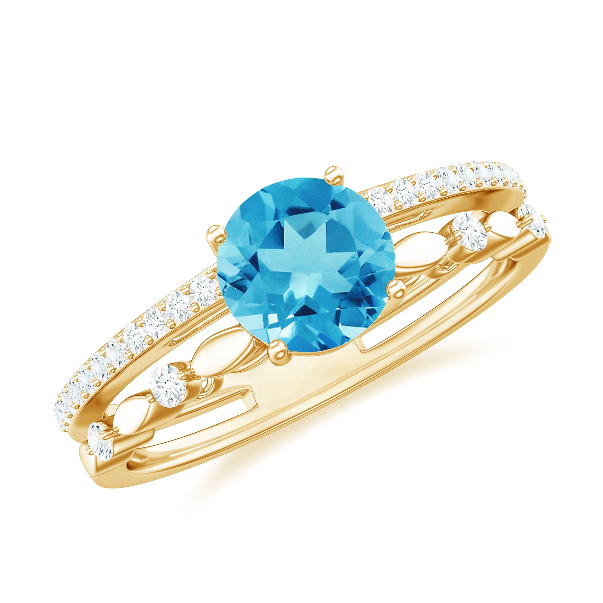 Rosec Jewels-Round Shape Swiss Blue Topaz Solitaire Double Band Ring with Diamond