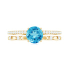 Rosec Jewels-Round Shape Swiss Blue Topaz Solitaire Double Band Ring with Diamond