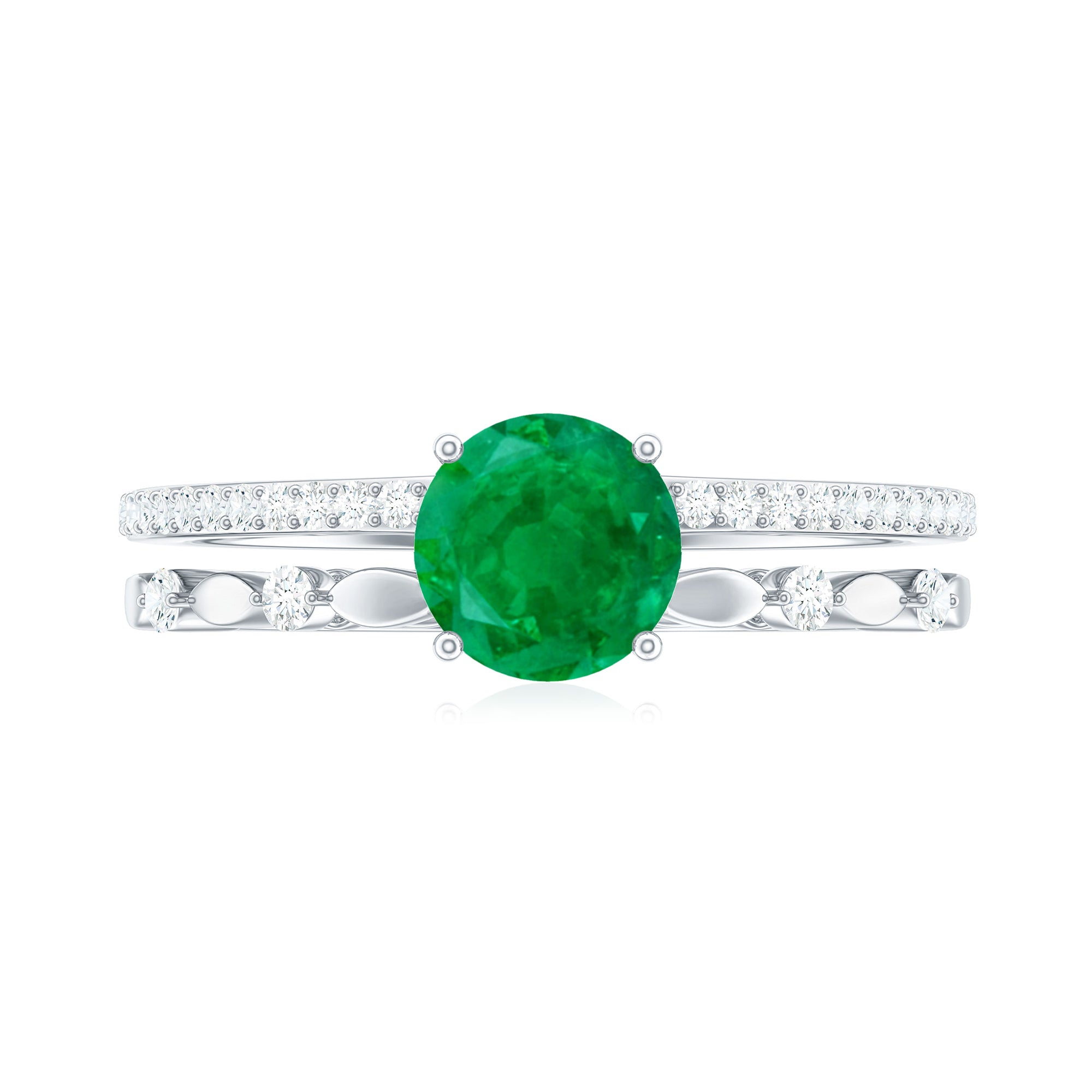 Rosec Jewels-Solitaire Emerald Double Band Engagement Ring with Diamond