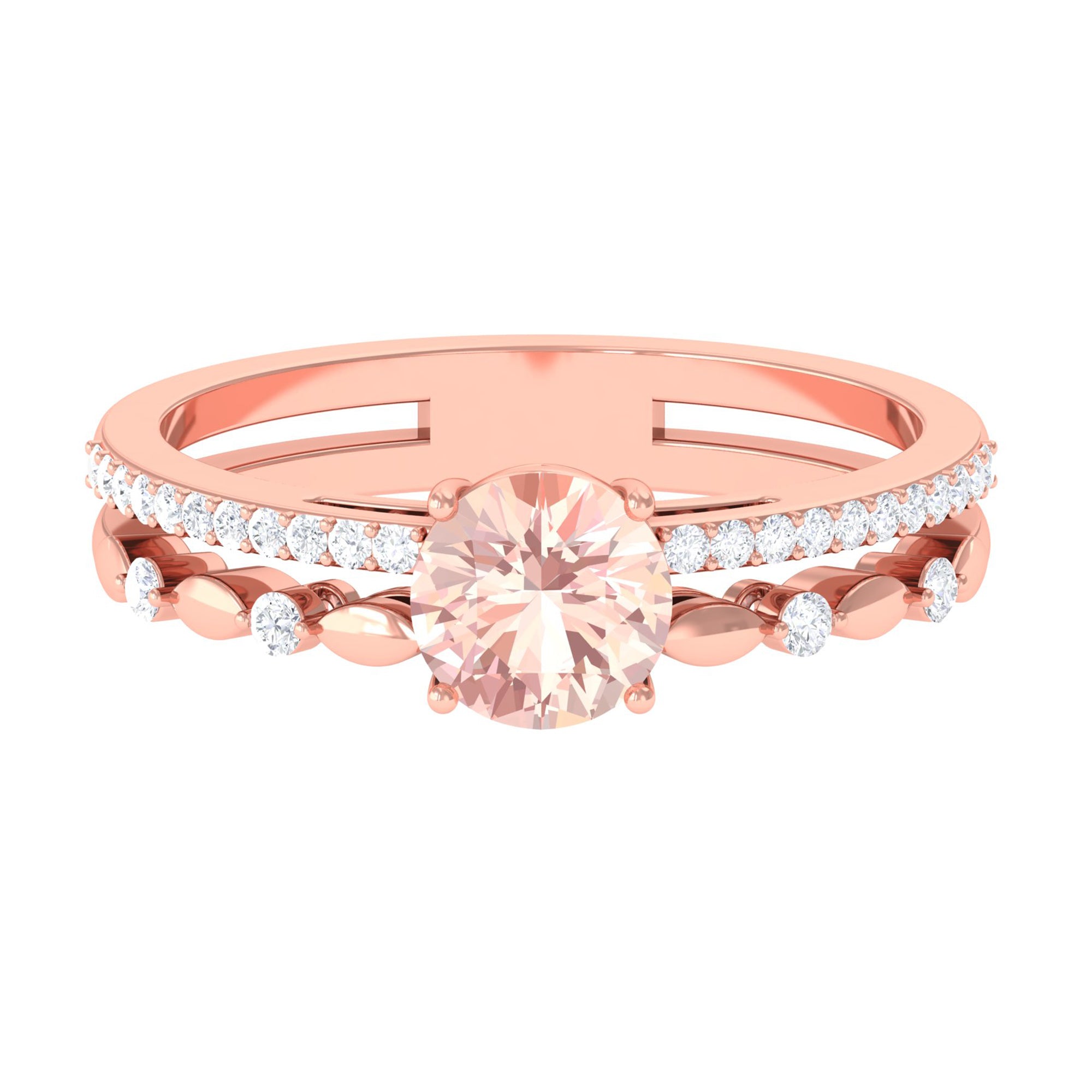 Rosec Jewels-Round Shape Morganite Solitaire Double Band Ring with Diamond