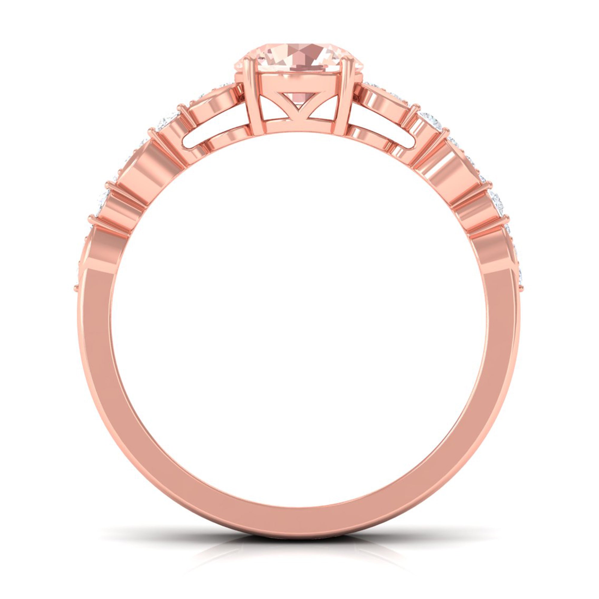 Rosec Jewels-Round Shape Morganite Solitaire Double Band Ring with Diamond