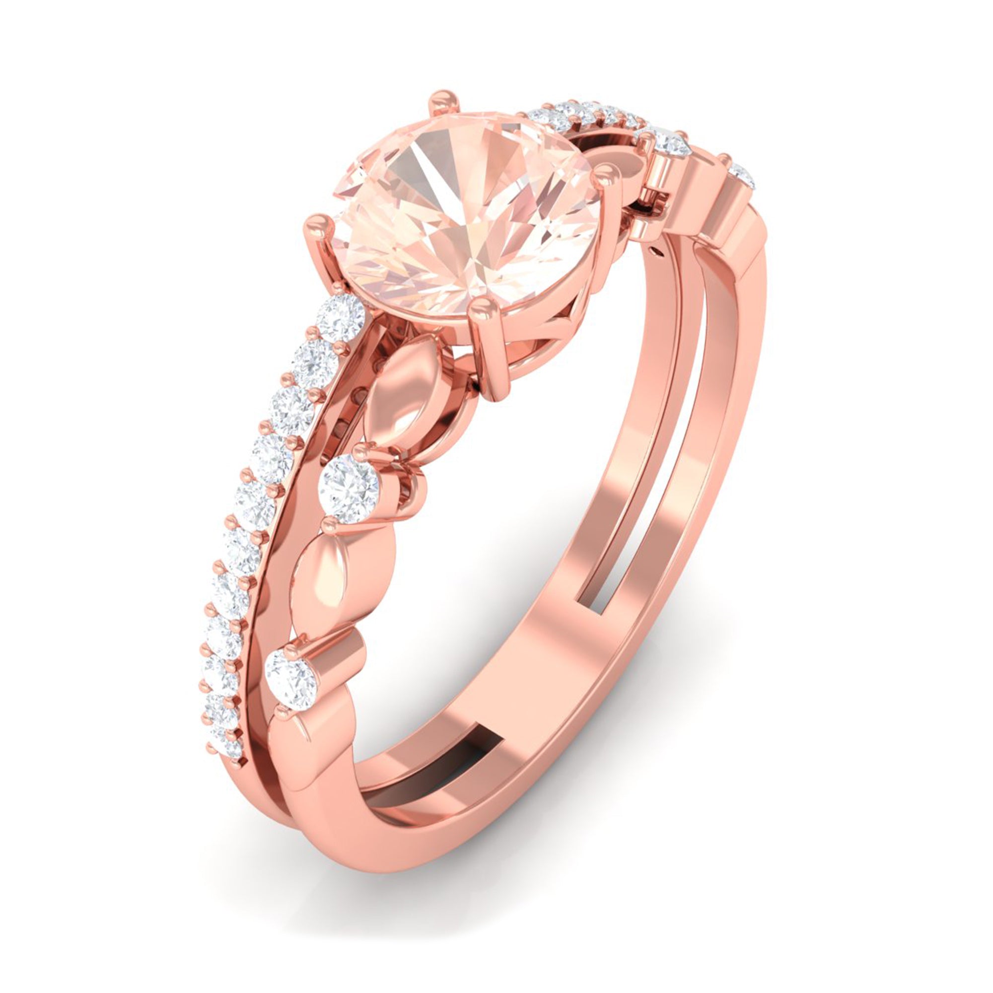 Rosec Jewels-Round Shape Morganite Solitaire Double Band Ring with Diamond