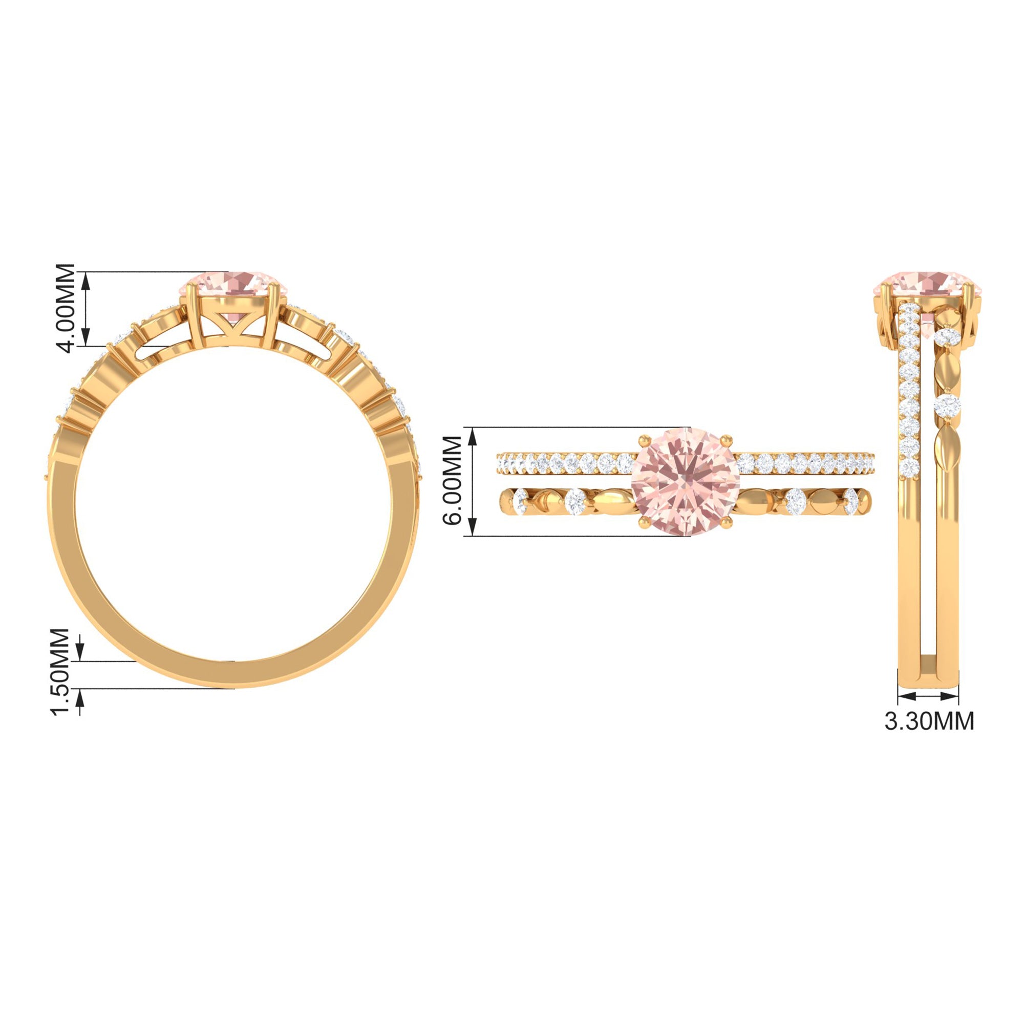 Rosec Jewels-Round Shape Morganite Solitaire Double Band Ring with Diamond