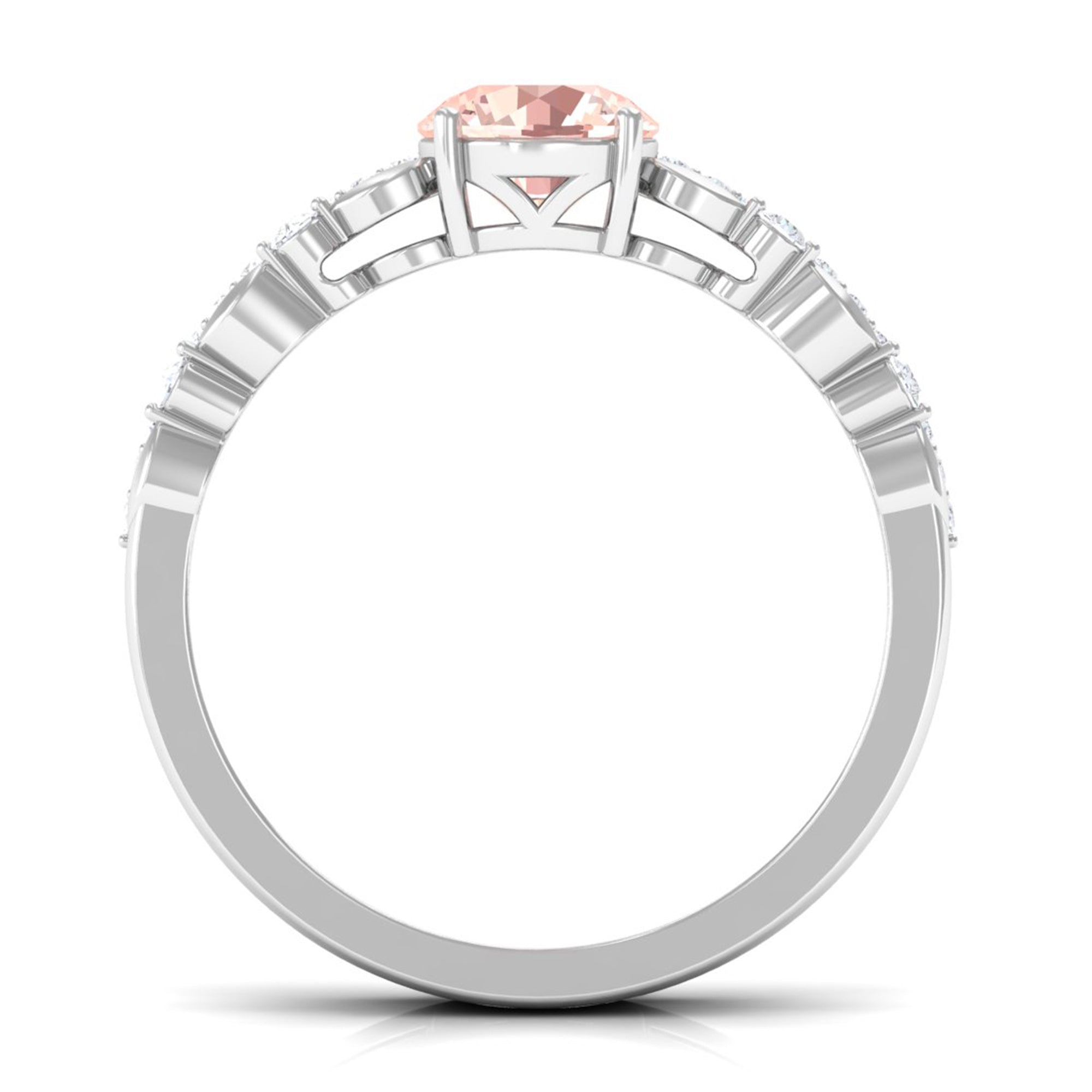 Rosec Jewels-Round Shape Morganite Solitaire Double Band Ring with Diamond