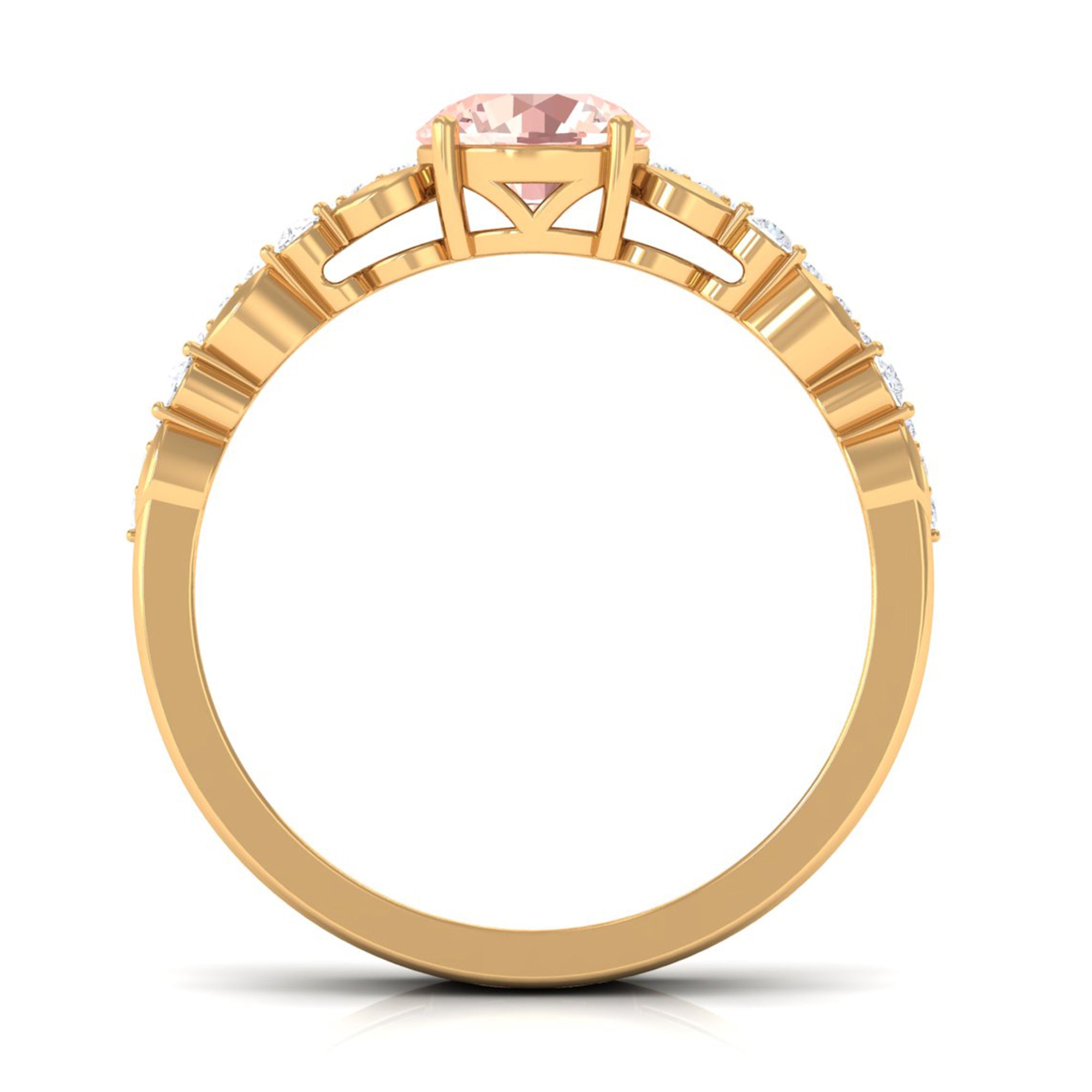 Rosec Jewels-Round Shape Morganite Solitaire Double Band Ring with Diamond