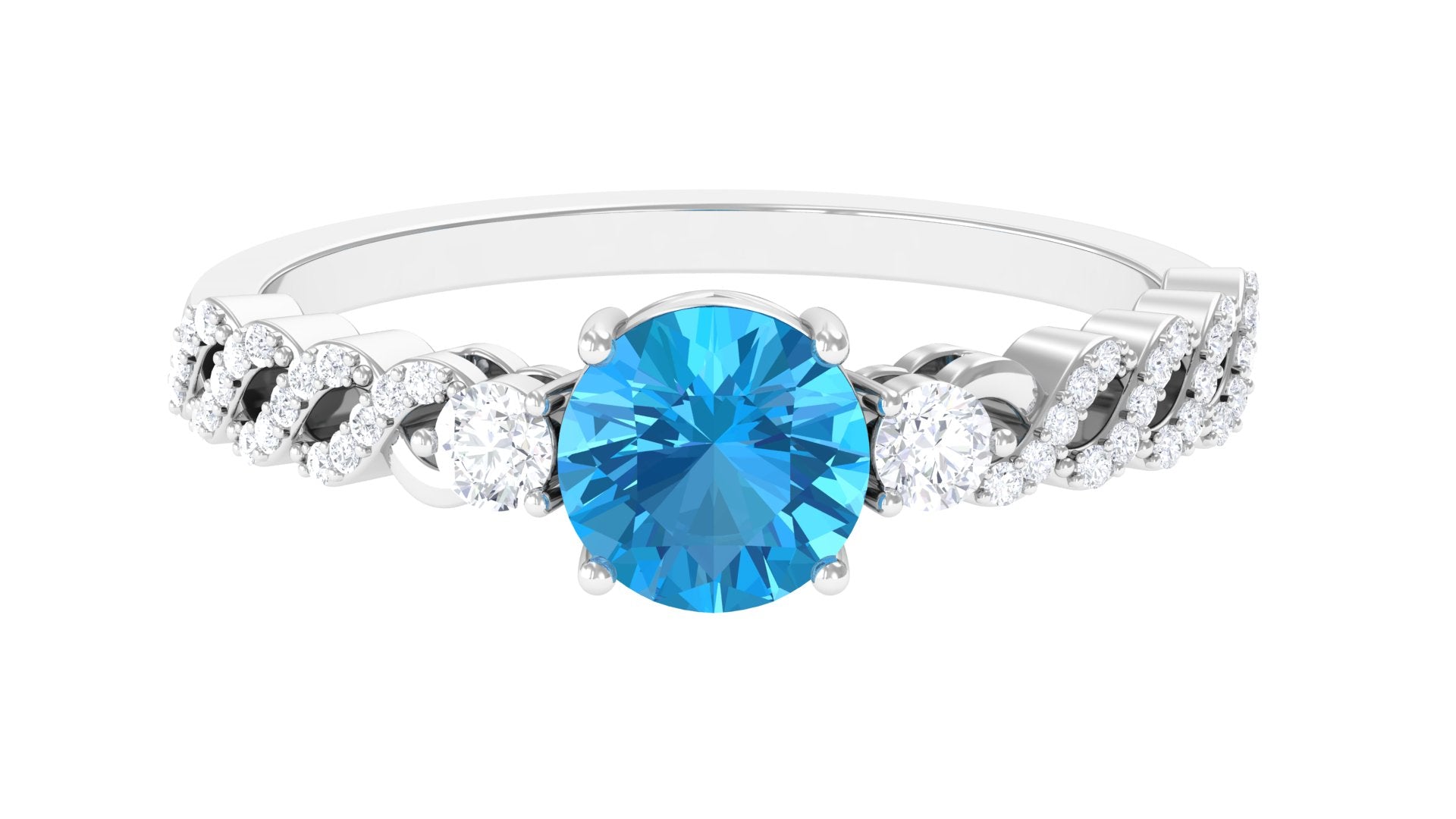 Rosec Jewels-Round Shape Swiss Blue Topaz Designer Engagement Ring with Diamond Side Stones