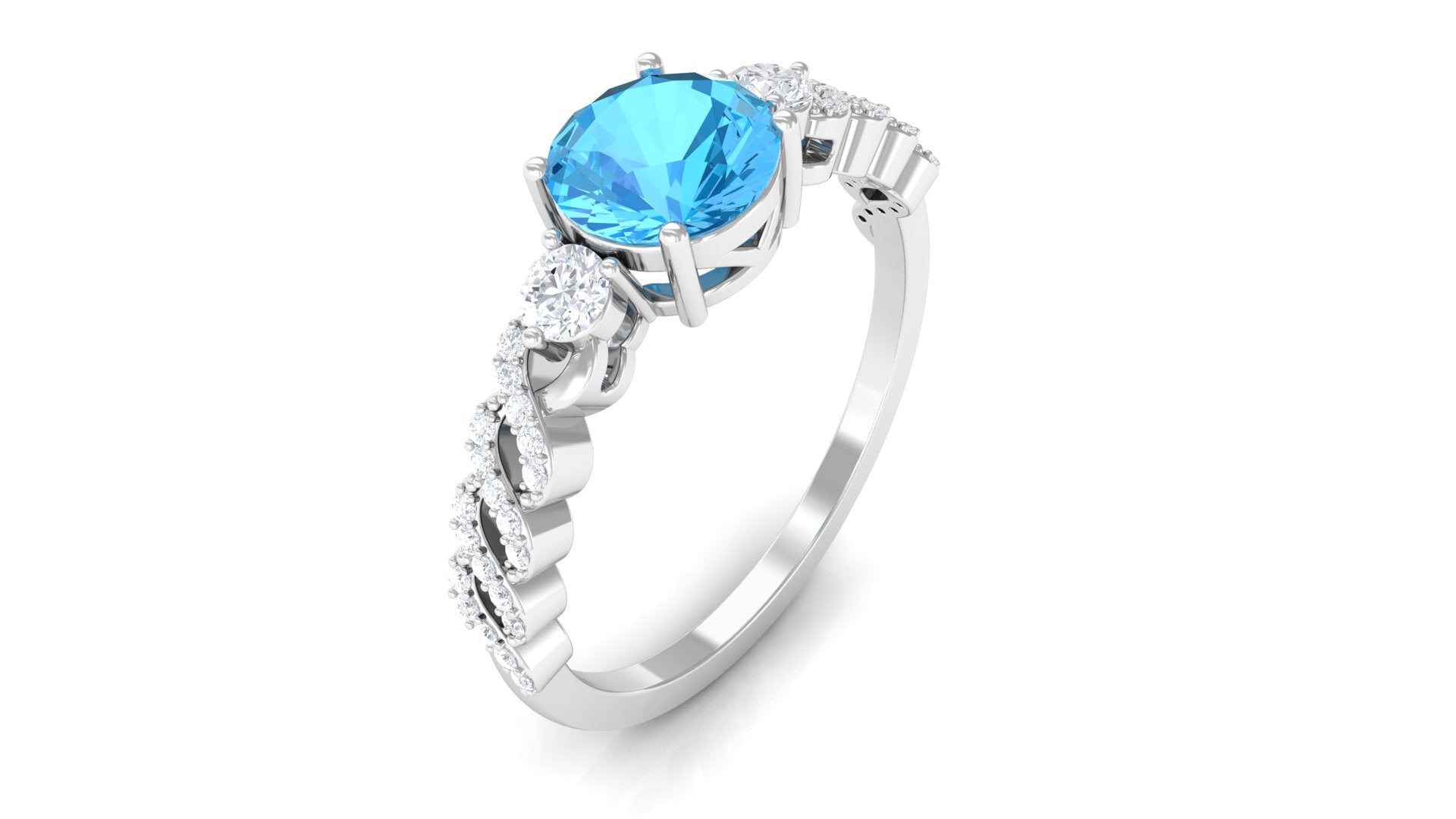 Rosec Jewels-Round Shape Swiss Blue Topaz Designer Engagement Ring with Diamond Side Stones