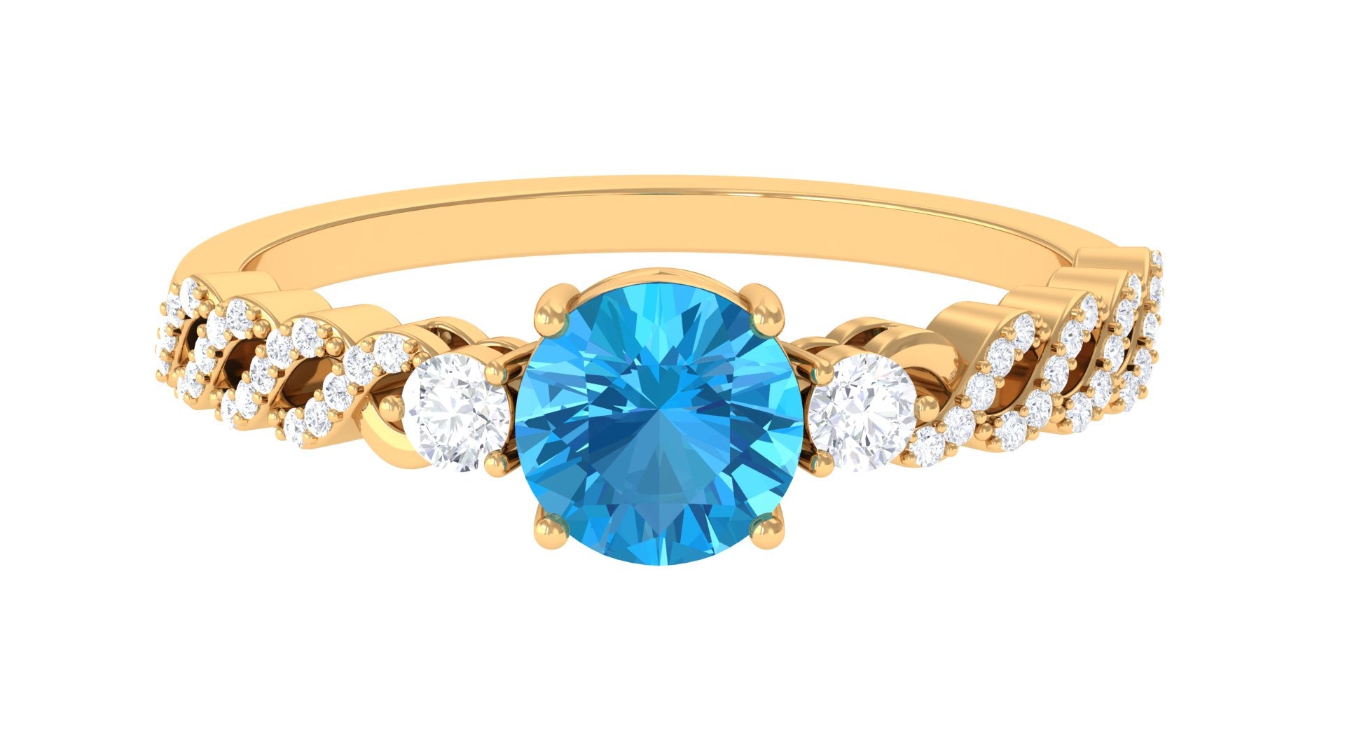 Rosec Jewels-Round Shape Swiss Blue Topaz Designer Engagement Ring with Diamond Side Stones