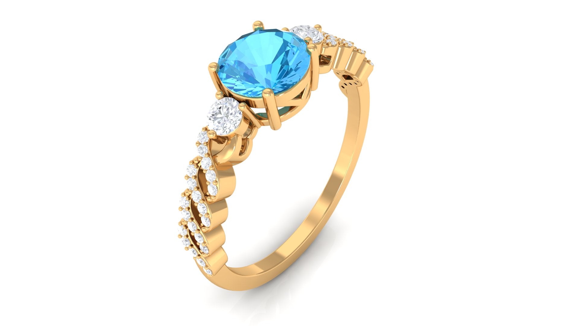 Rosec Jewels-Round Shape Swiss Blue Topaz Designer Engagement Ring with Diamond Side Stones