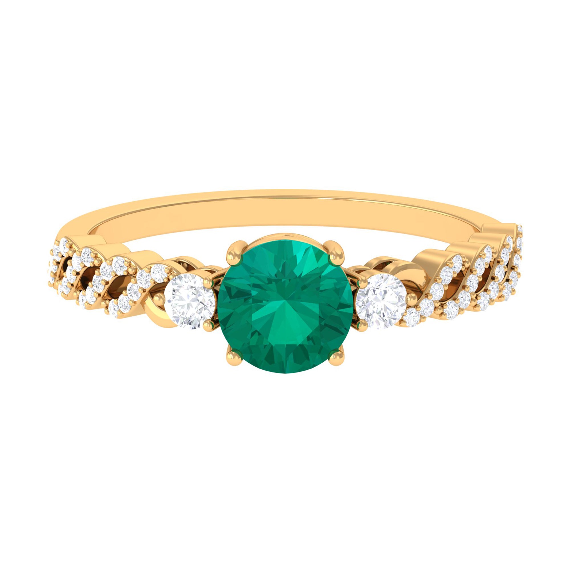 Rosec Jewels-Round shape Solitaire Emerald Designer Engagement Ring with Diamond Side Stones