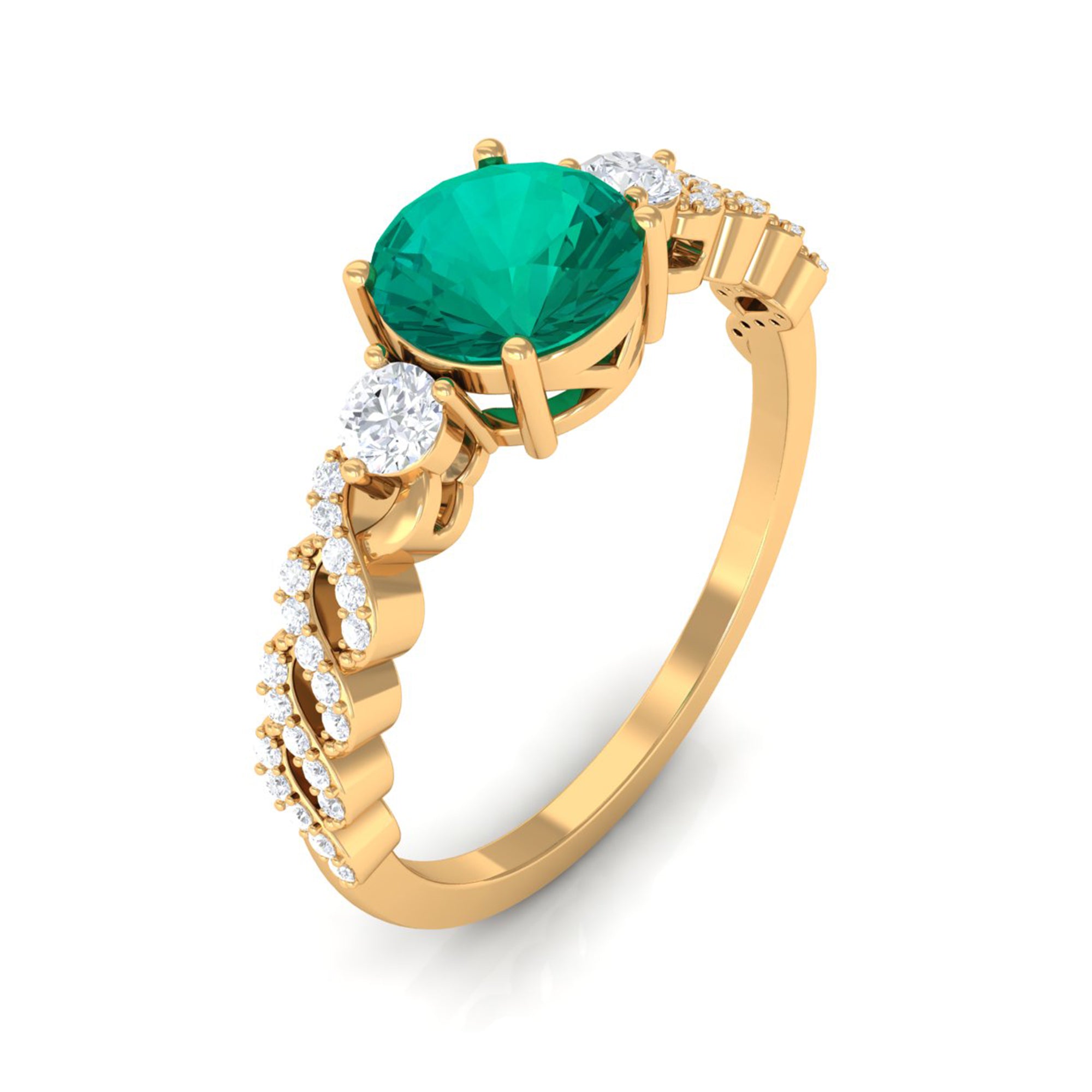 Rosec Jewels-Round shape Solitaire Emerald Designer Engagement Ring with Diamond Side Stones