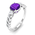 Rosec Jewels-Round Amethyst Solitaire Ring with Diamond Side Stones