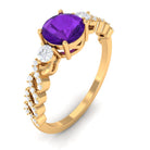 Rosec Jewels-Round Amethyst Solitaire Ring with Diamond Side Stones