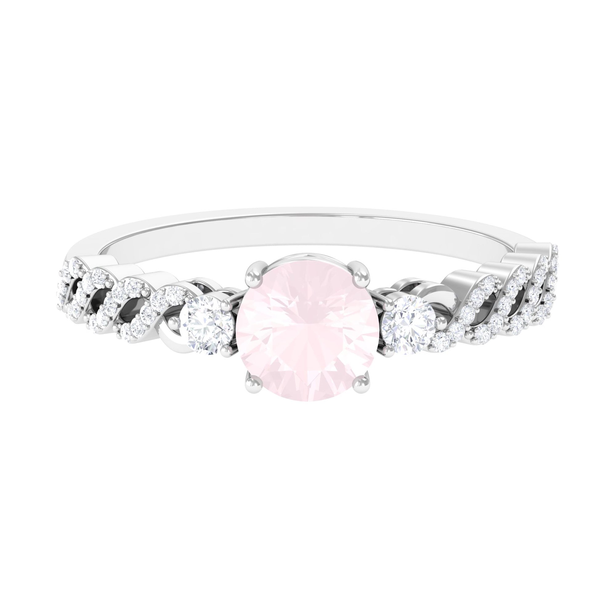 Rosec Jewels-Round Shape Rose Quartz Designer Engagement Ring with Diamond Side Stones