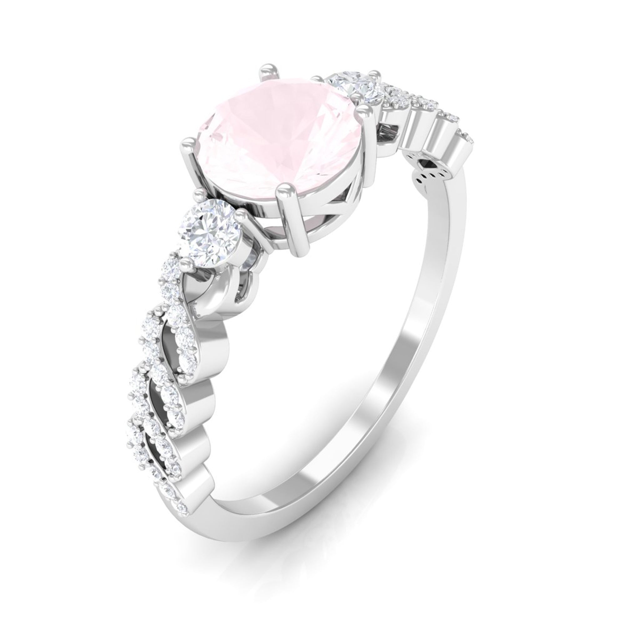 Rosec Jewels-Round Shape Rose Quartz Designer Engagement Ring with Diamond Side Stones