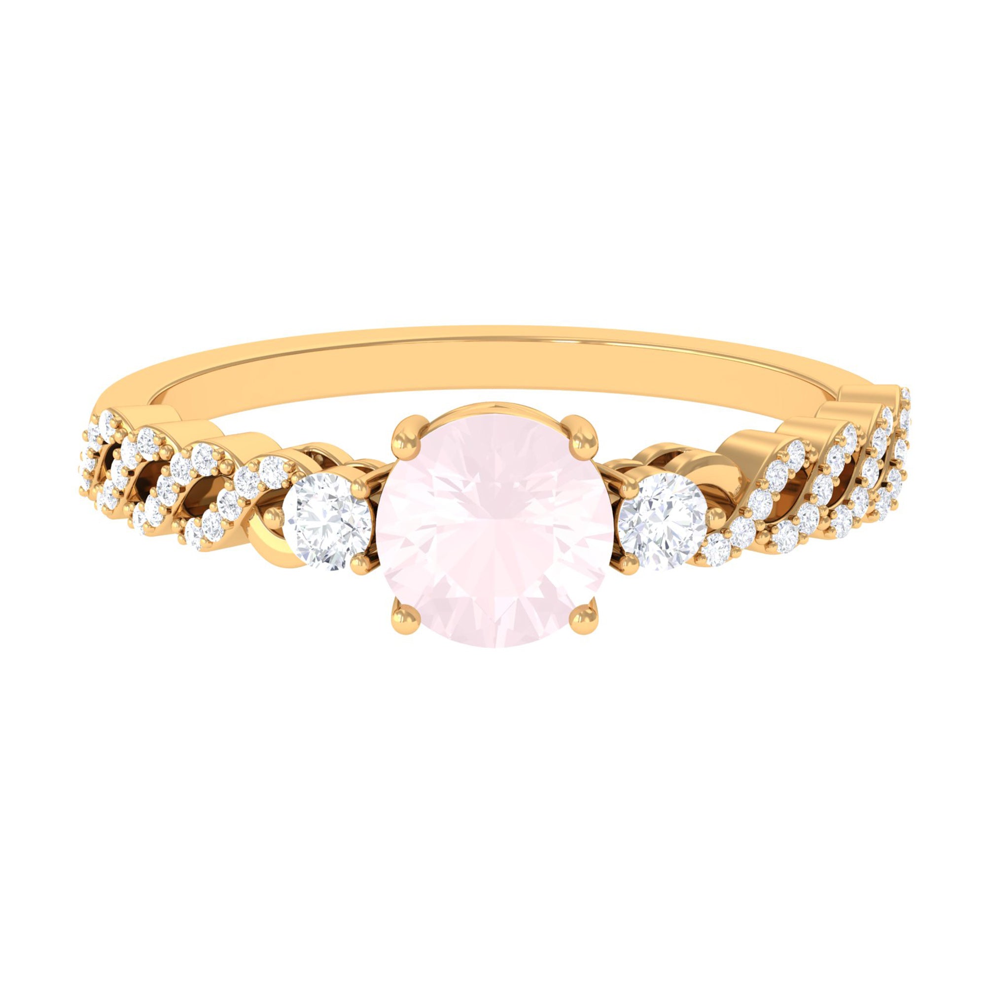 Rosec Jewels-Round Shape Rose Quartz Designer Engagement Ring with Diamond Side Stones