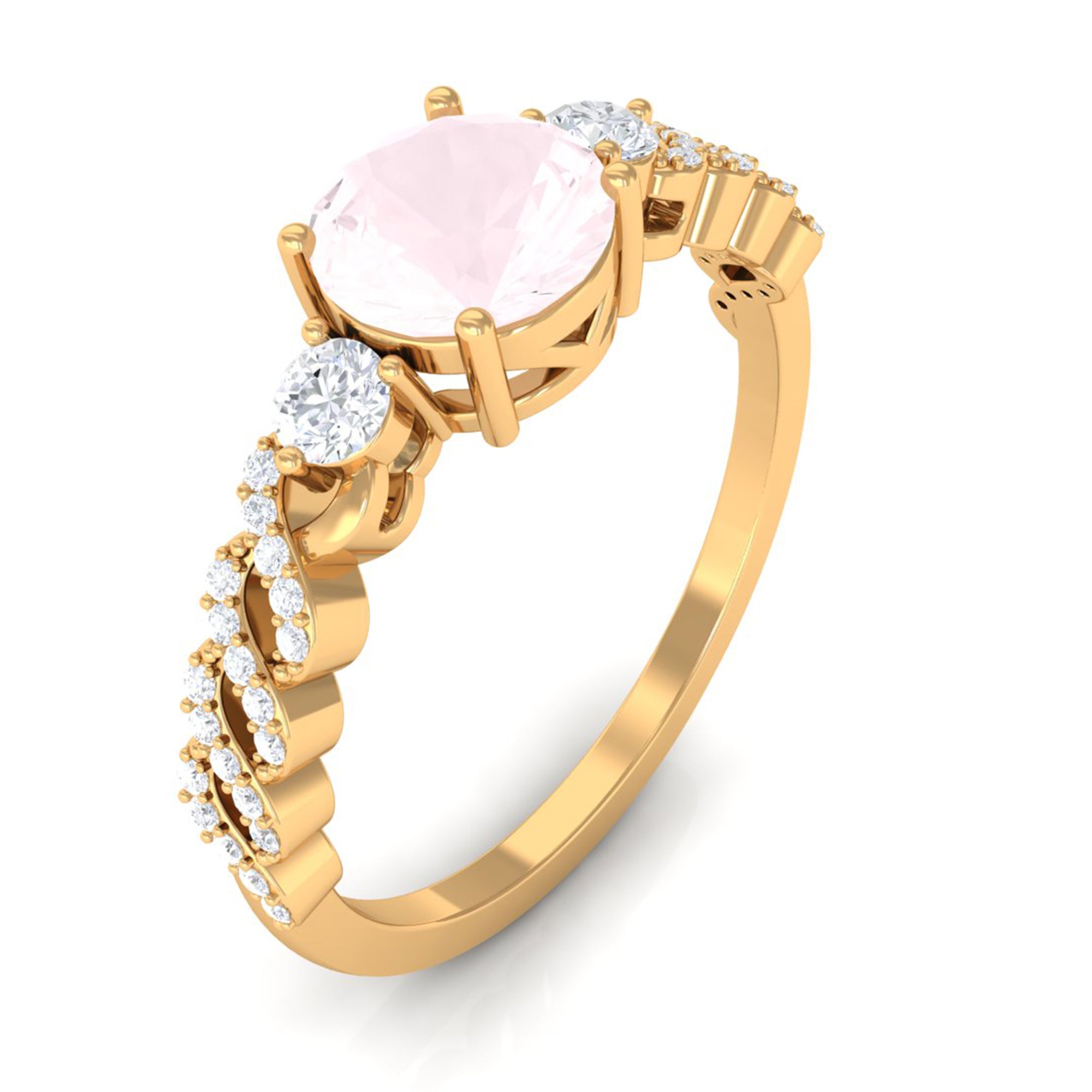 Rosec Jewels-Round Shape Rose Quartz Designer Engagement Ring with Diamond Side Stones