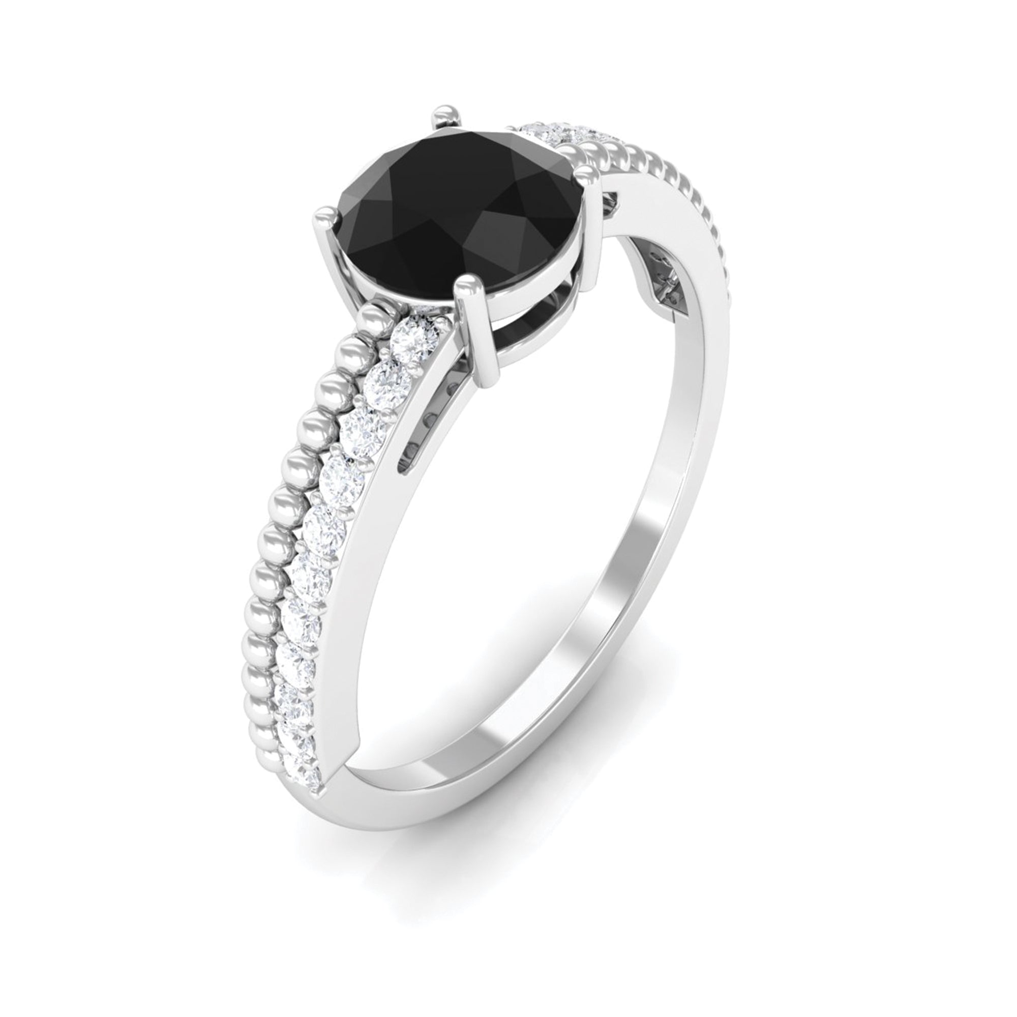 Rosec Jewels-Round Shape Solitaire Created Black Diamond and Diamond Ring with Side Stones