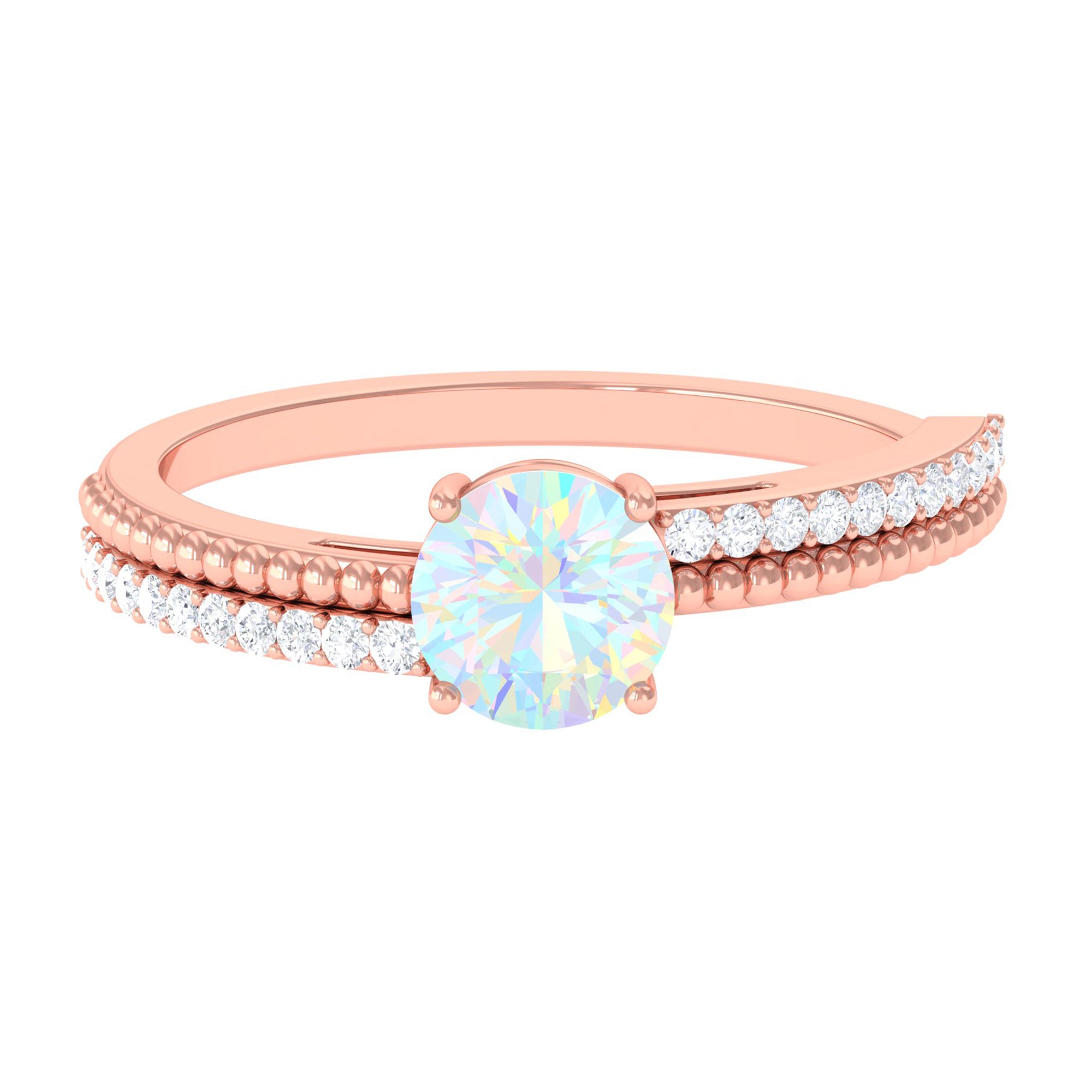 Rosec Jewels-Round Ethiopian Opal Solitaire Ring with Diamond Side Stones