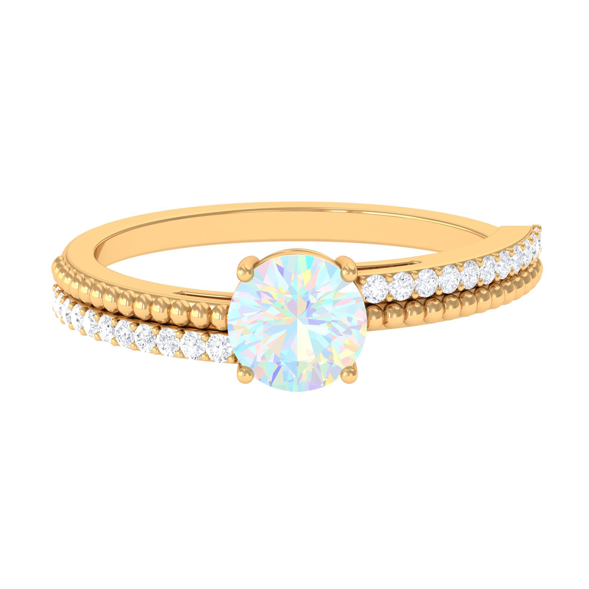 Rosec Jewels-Round Ethiopian Opal Solitaire Ring with Diamond Side Stones