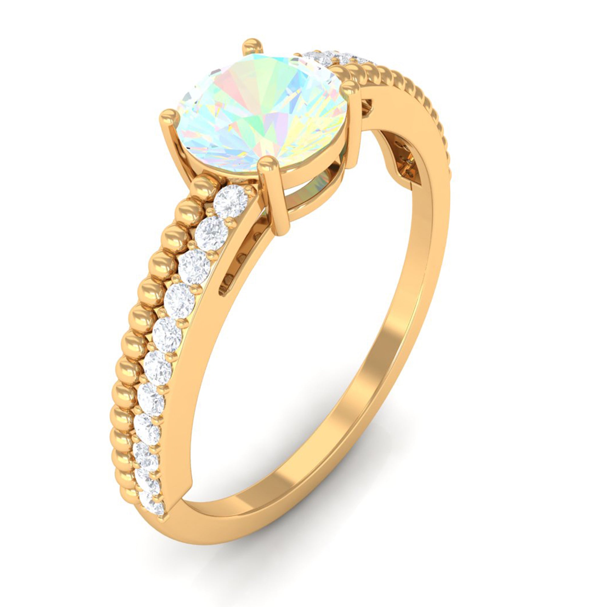 Rosec Jewels-Round Ethiopian Opal Solitaire Ring with Diamond Side Stones