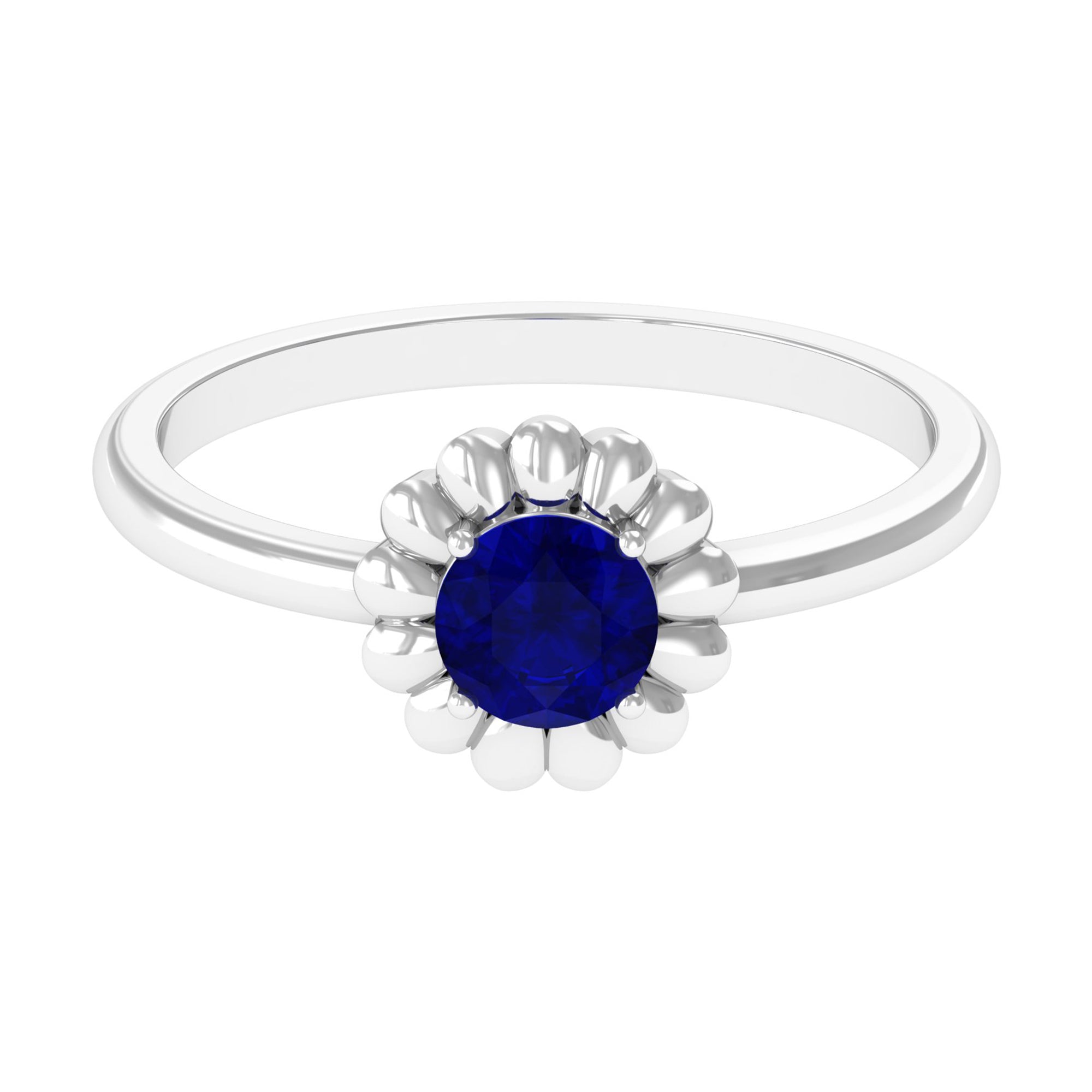 Rosec Jewels-1 CT Round Cut Solitaire Blue Sapphire Gold Flower Ring