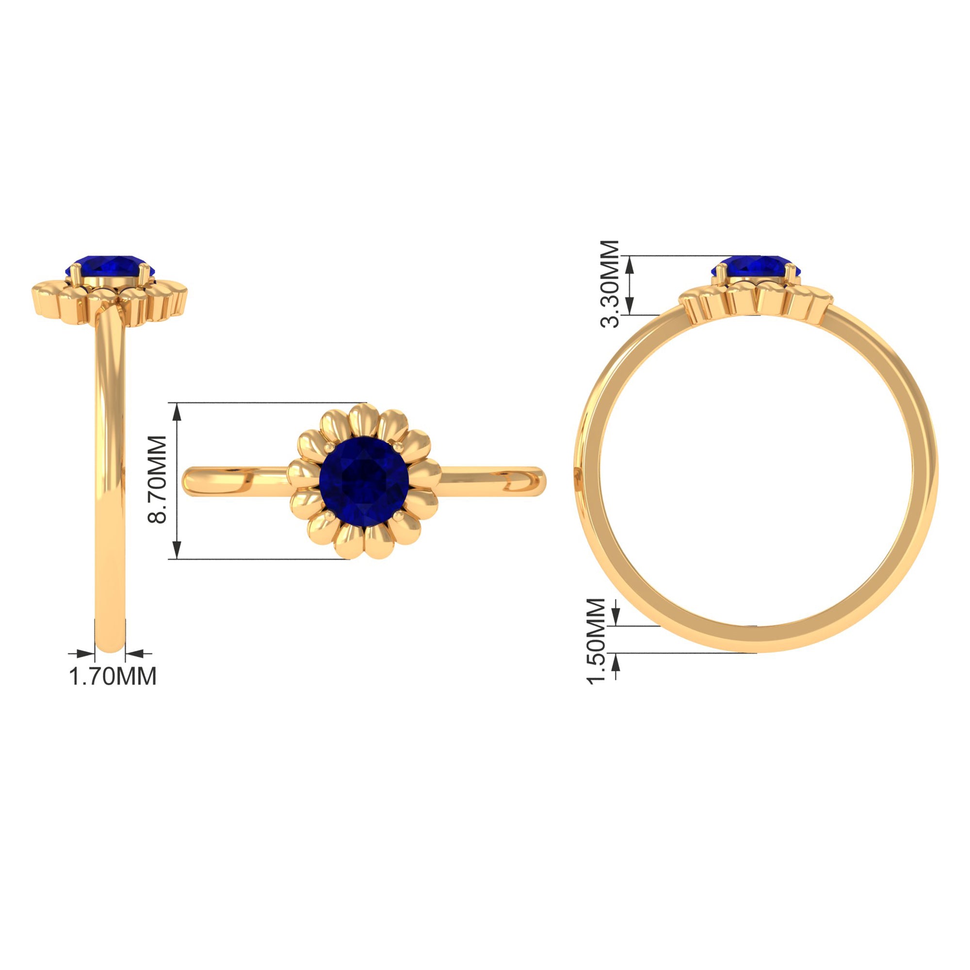 Rosec Jewels-1 CT Round Cut Solitaire Blue Sapphire Gold Flower Ring