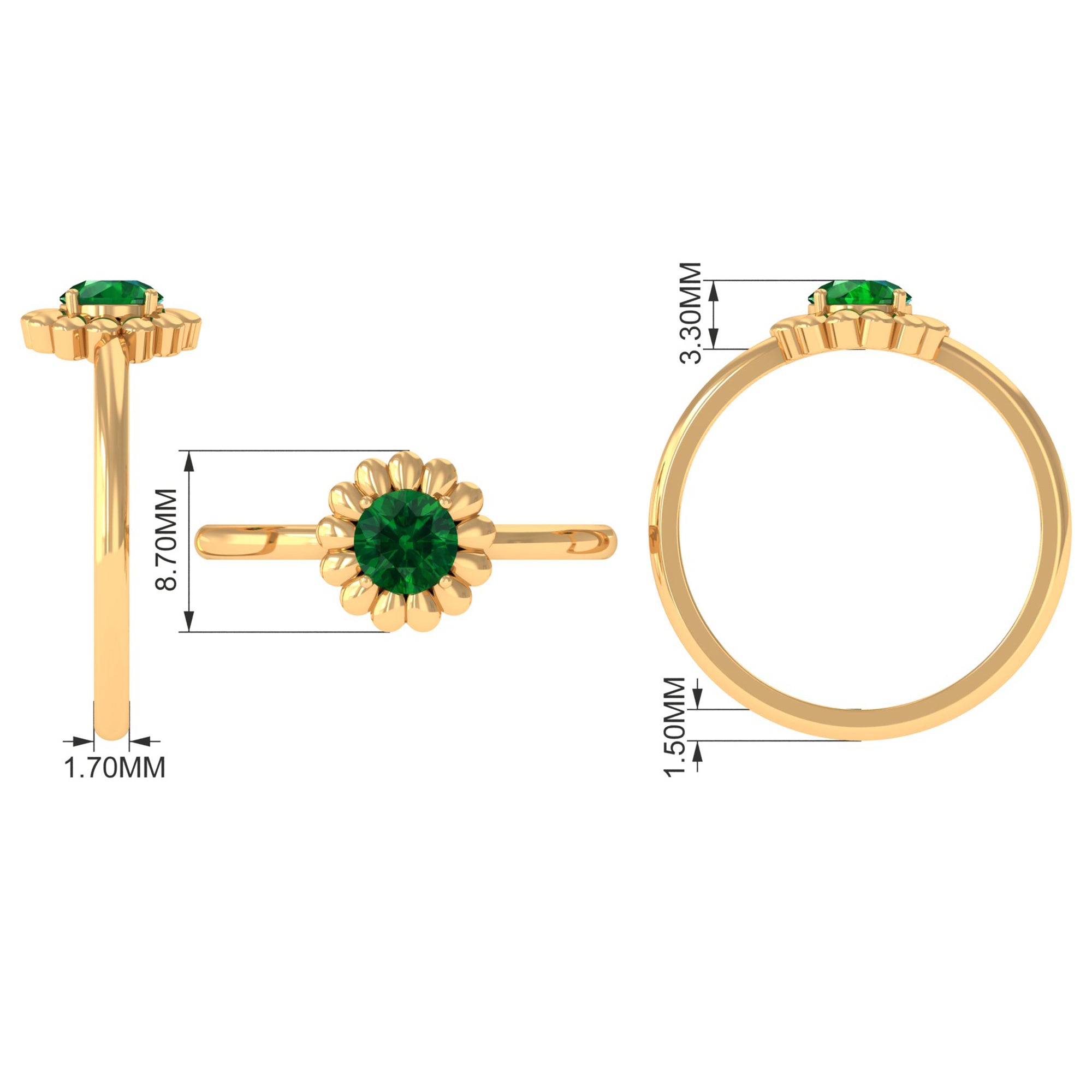 Rosec Jewels-5 MM Round Lab Created Emerald Gold Floral Solitaire Ring in Prong Setting