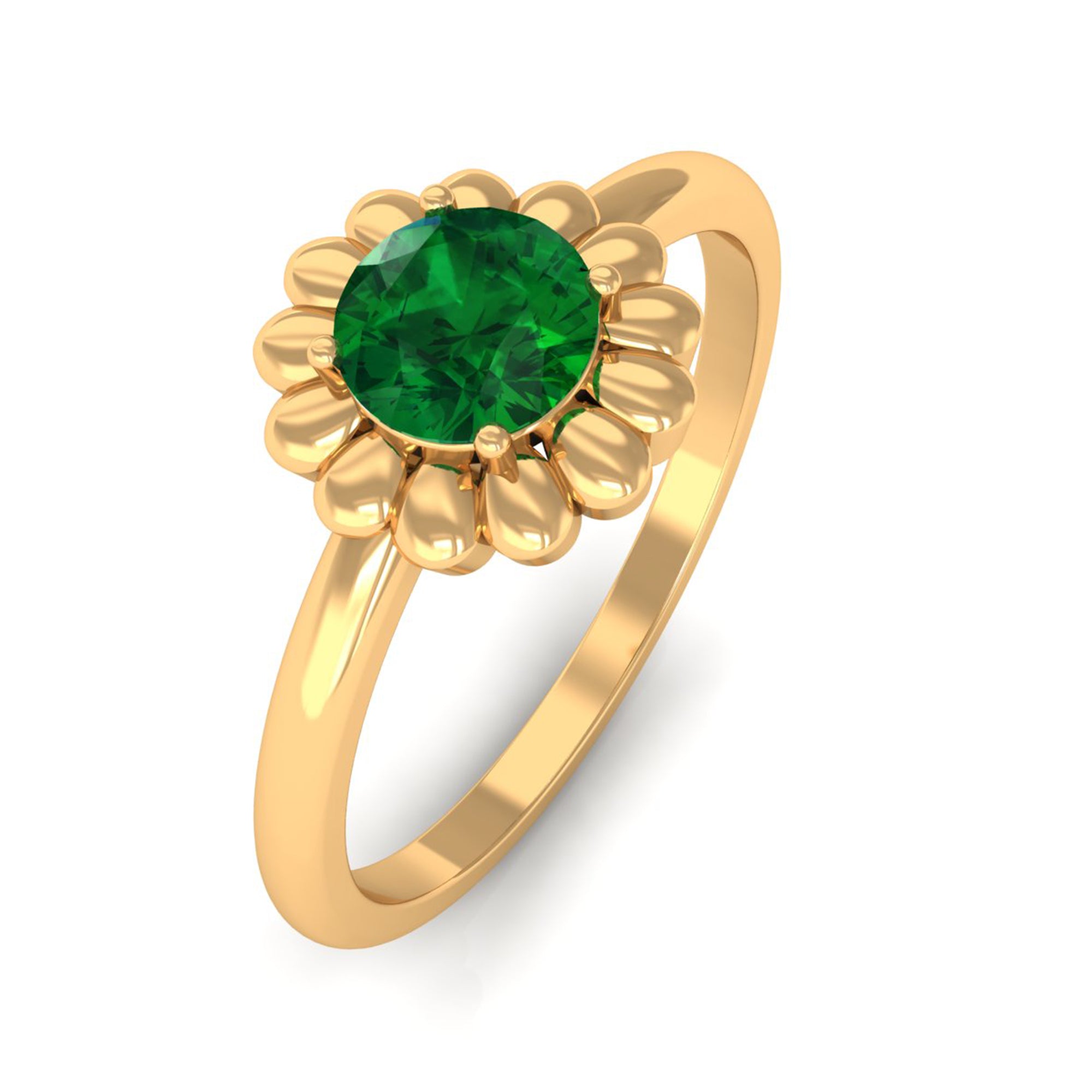 Rosec Jewels-5 MM Round Lab Created Emerald Gold Floral Solitaire Ring in Prong Setting