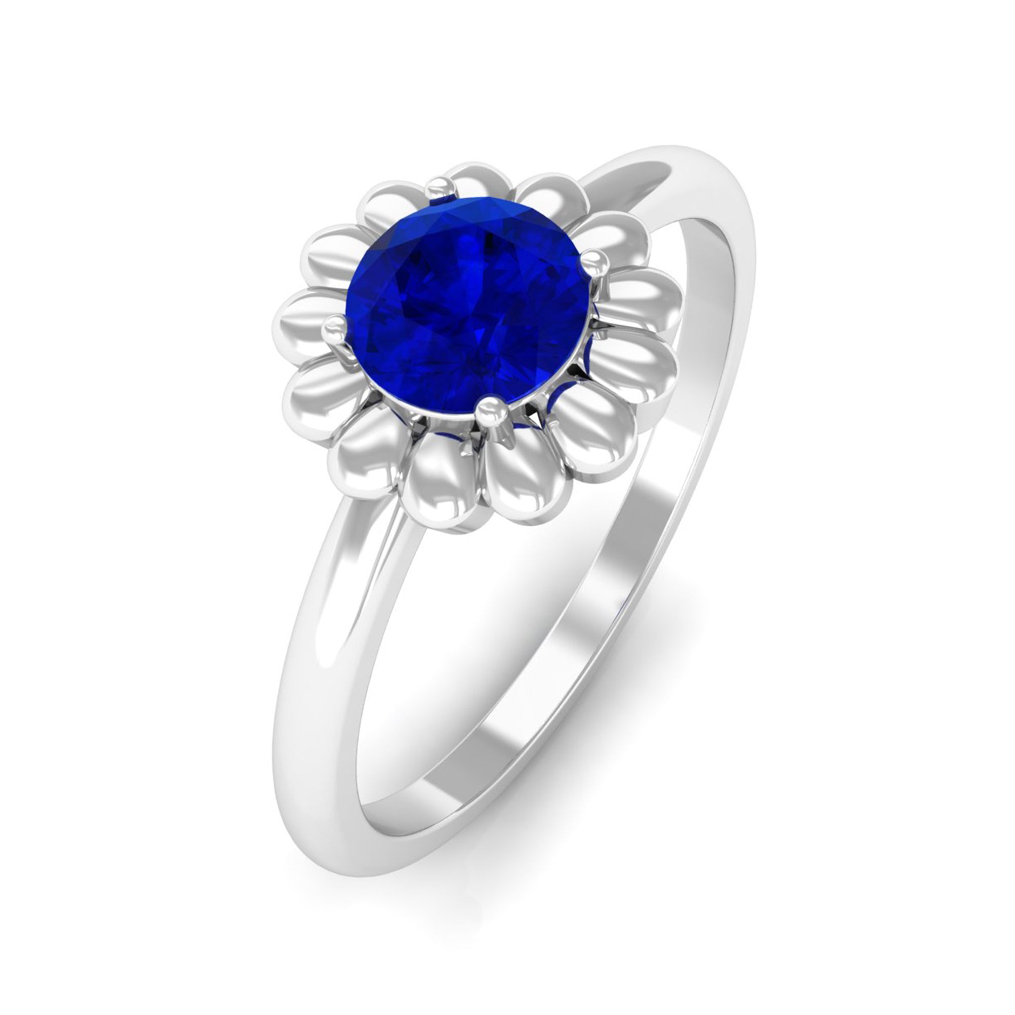 Rosec Jewels-5 MM Round Lab Created Blue Sapphire Gold Floral Solitaire Ring in Prong Setting