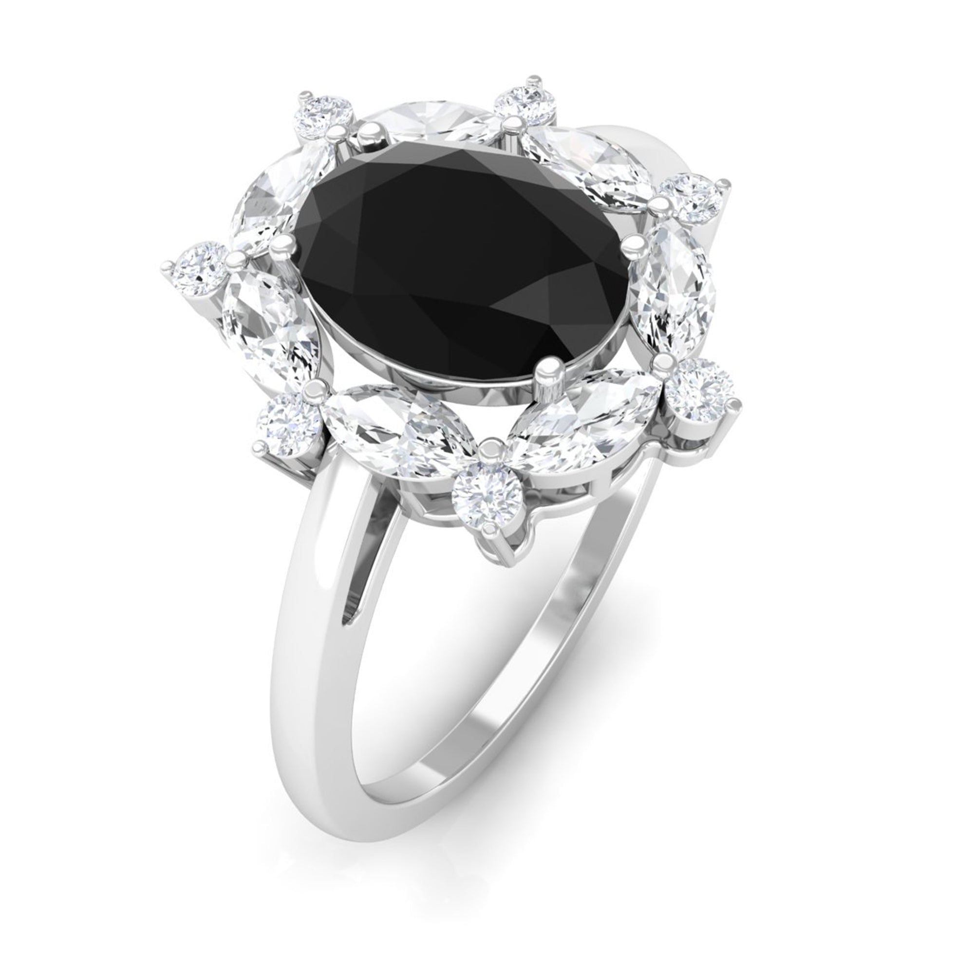 Rosec Jewels-Oval Created Black Diamond and Moissanite Halo Engagement Ring Set