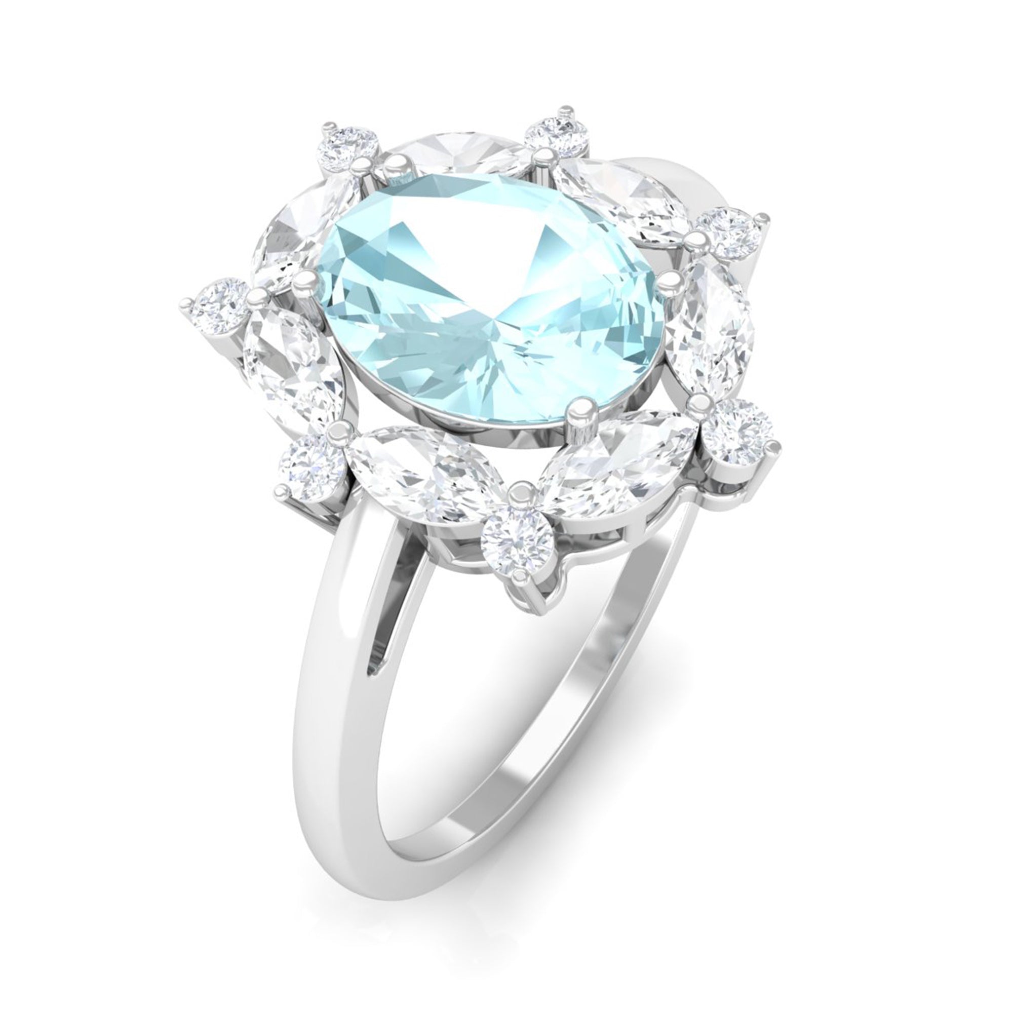 Rosec Jewels-Oval Sky Blue Topaz Designer Halo Engagement Ring with Moissanite