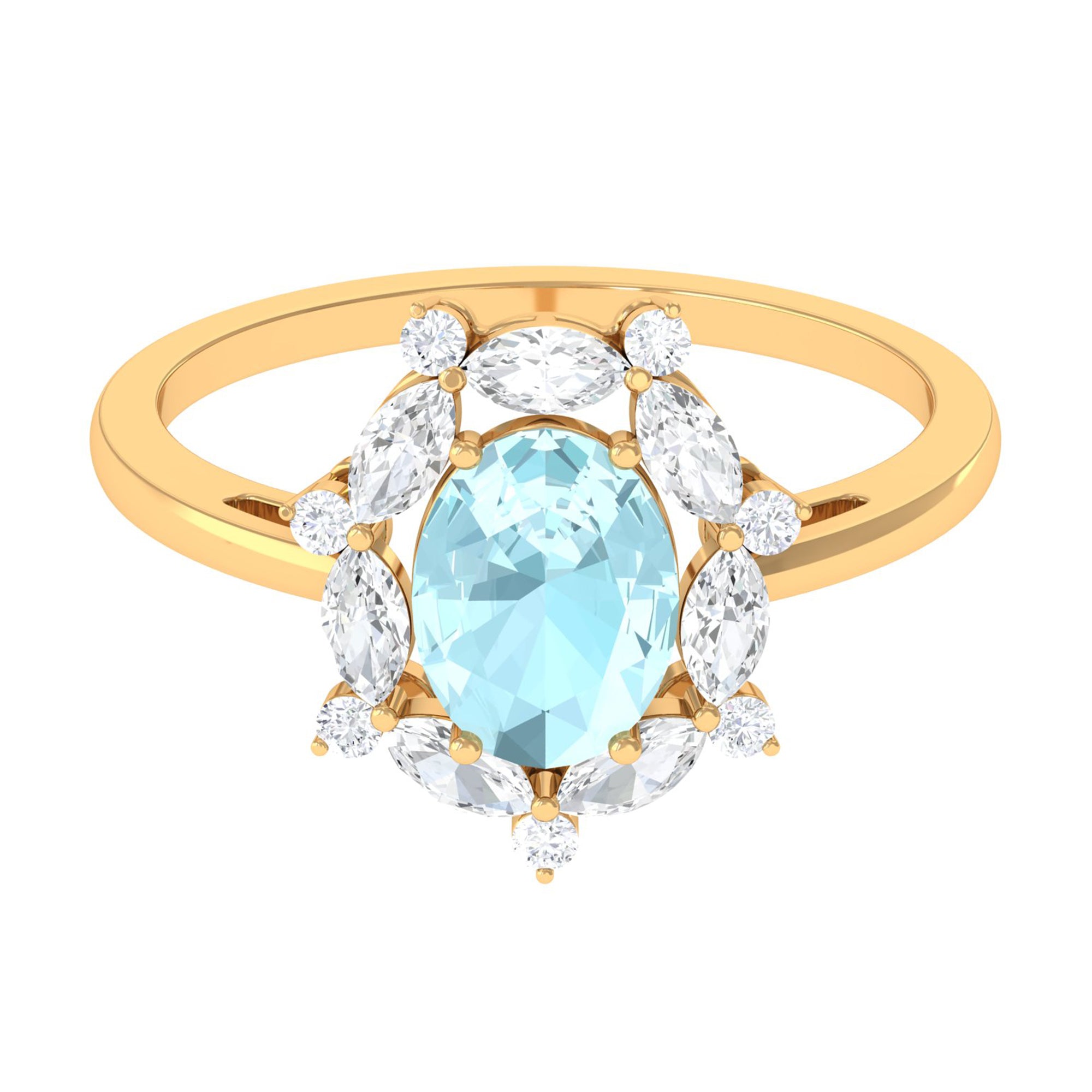 Rosec Jewels-Oval Sky Blue Topaz Designer Halo Engagement Ring with Moissanite