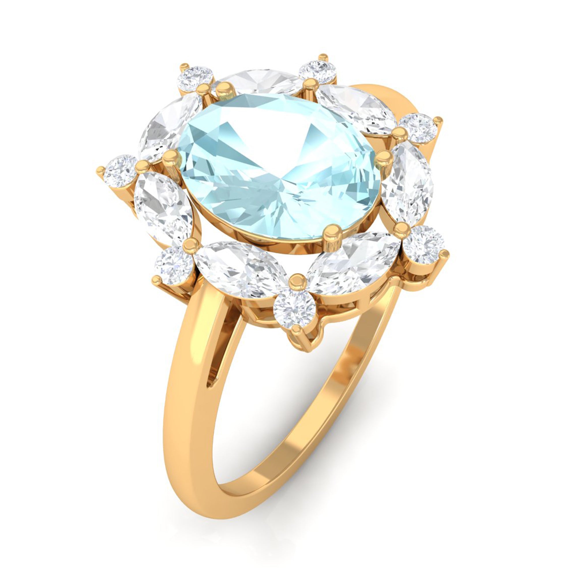 Rosec Jewels-Oval Sky Blue Topaz Designer Halo Engagement Ring with Moissanite