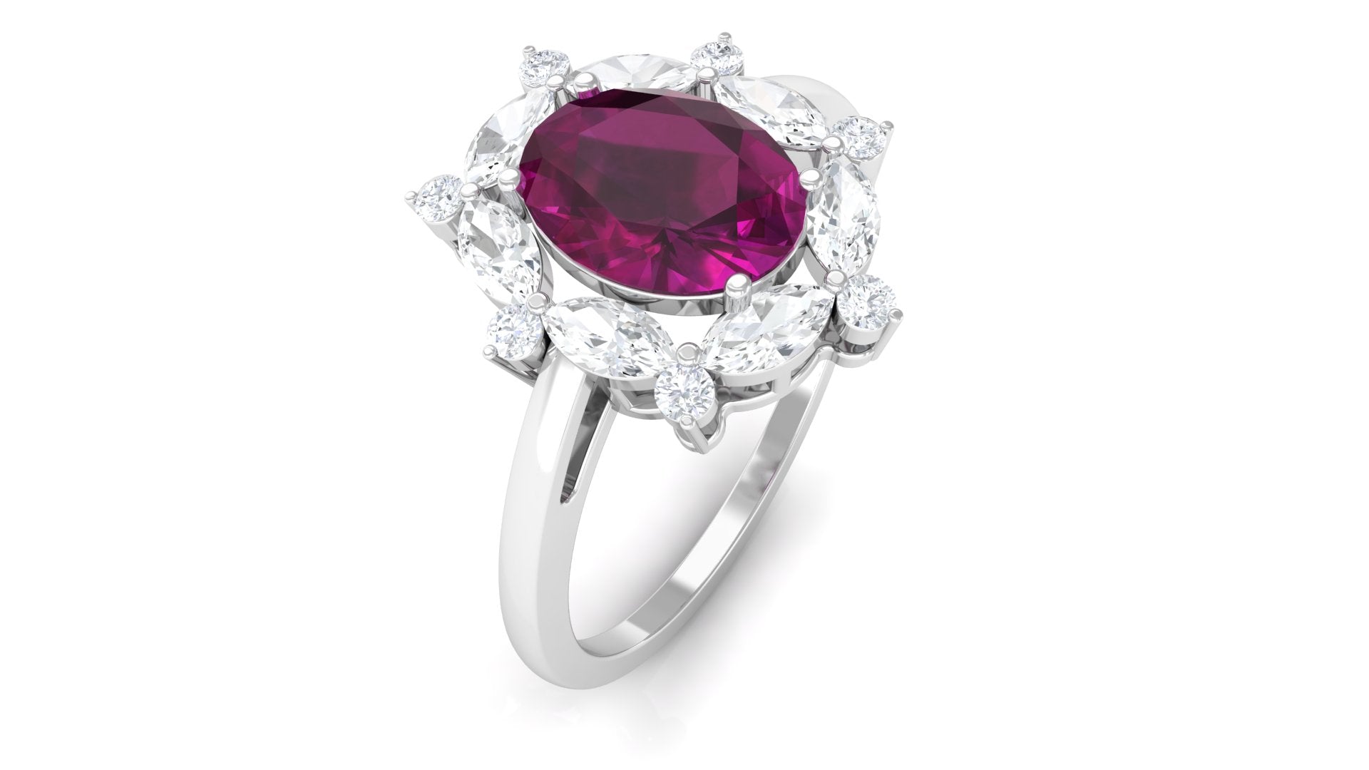 Rosec Jewels-Rhodolite Designer Halo Engagement Ring with Moissanite