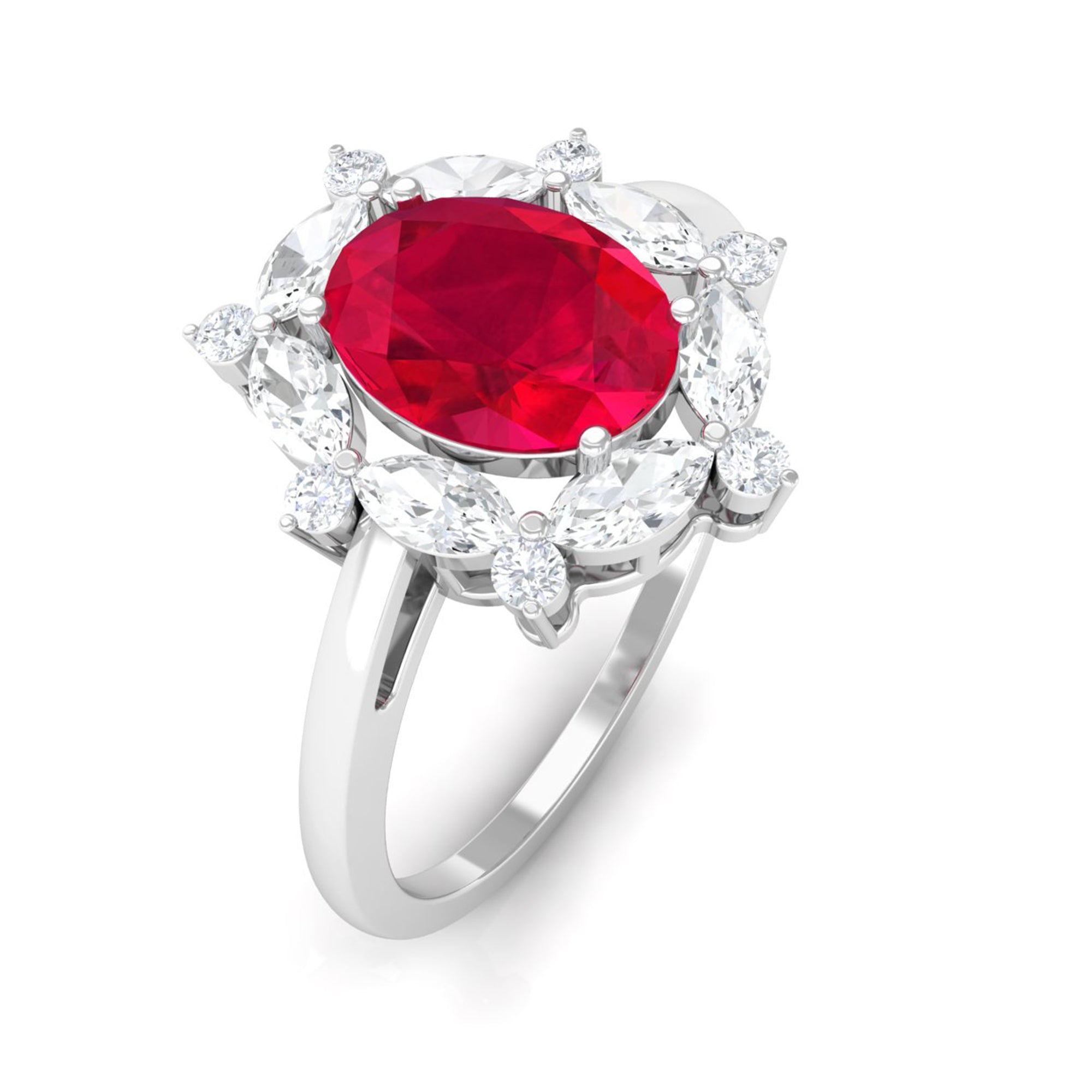 Rosec Jewels-Lab Grown Ruby Designer Halo Engagement Ring with Moissanite