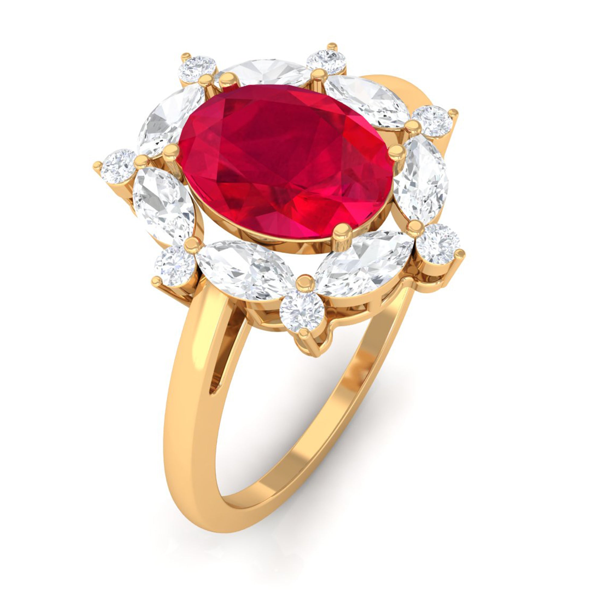 Rosec Jewels-Lab Grown Ruby Designer Halo Engagement Ring with Moissanite