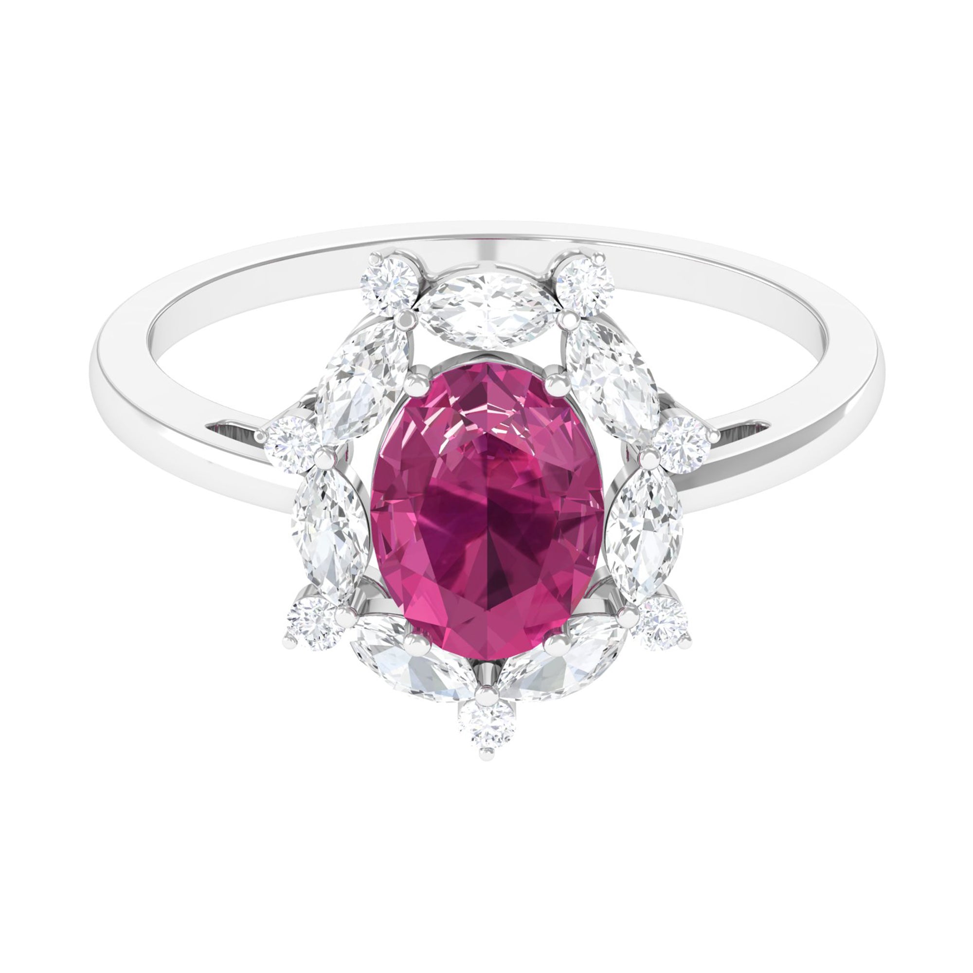 Rosec Jewels-Oval Pink Tourmaline Designer Engagement Ring with Moissanite Halo