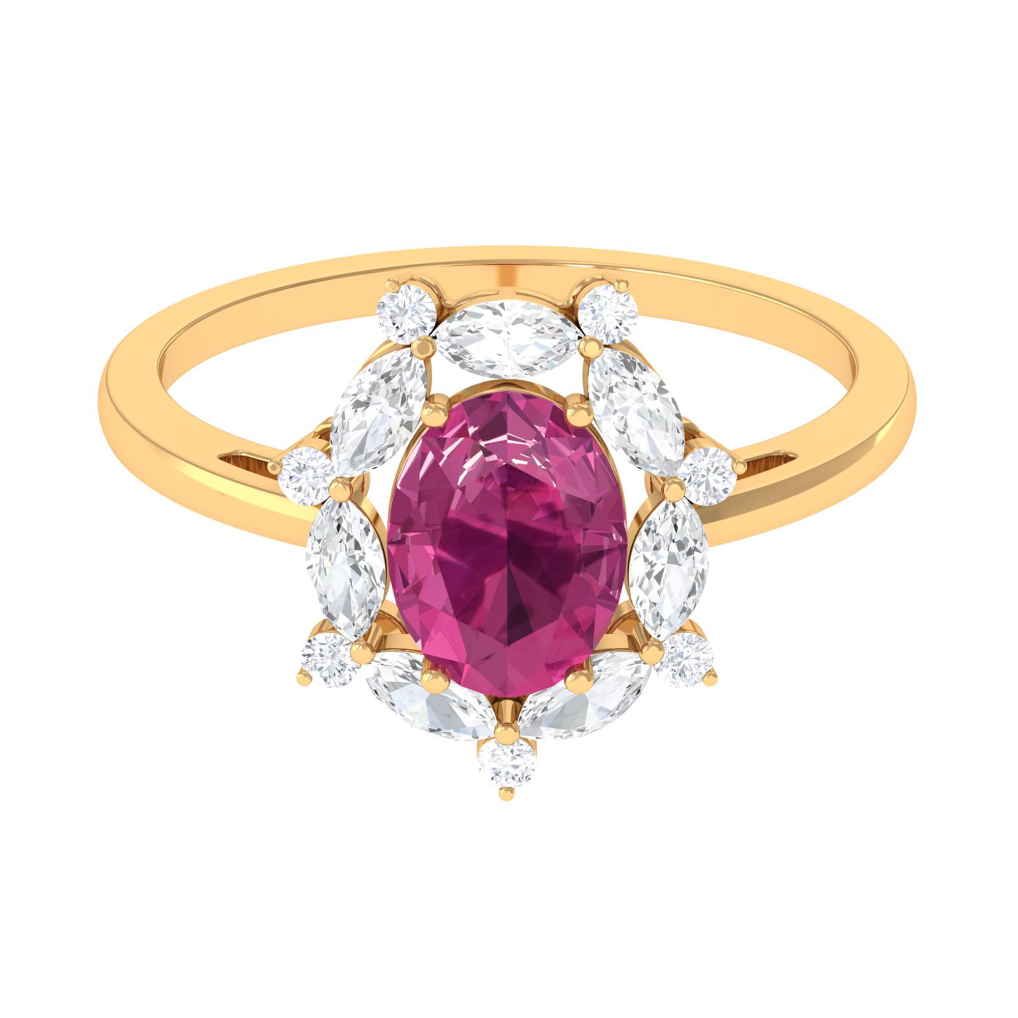 Rosec Jewels-Oval Pink Tourmaline Designer Engagement Ring with Moissanite Halo