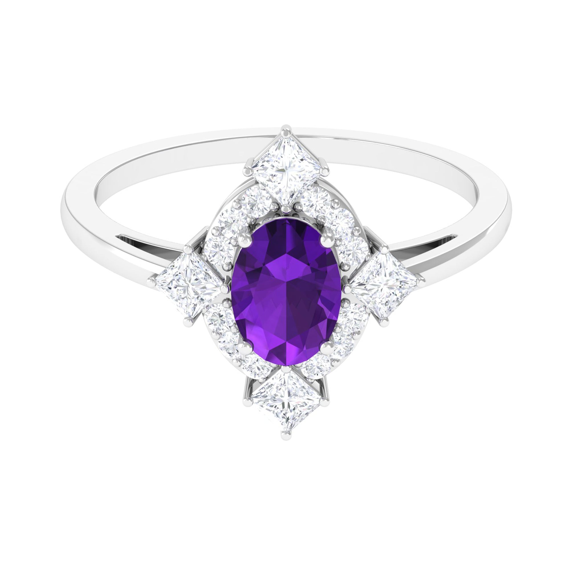 Rosec Jewels-Oval Amethyst Halo Cocktail Ring with Diamond