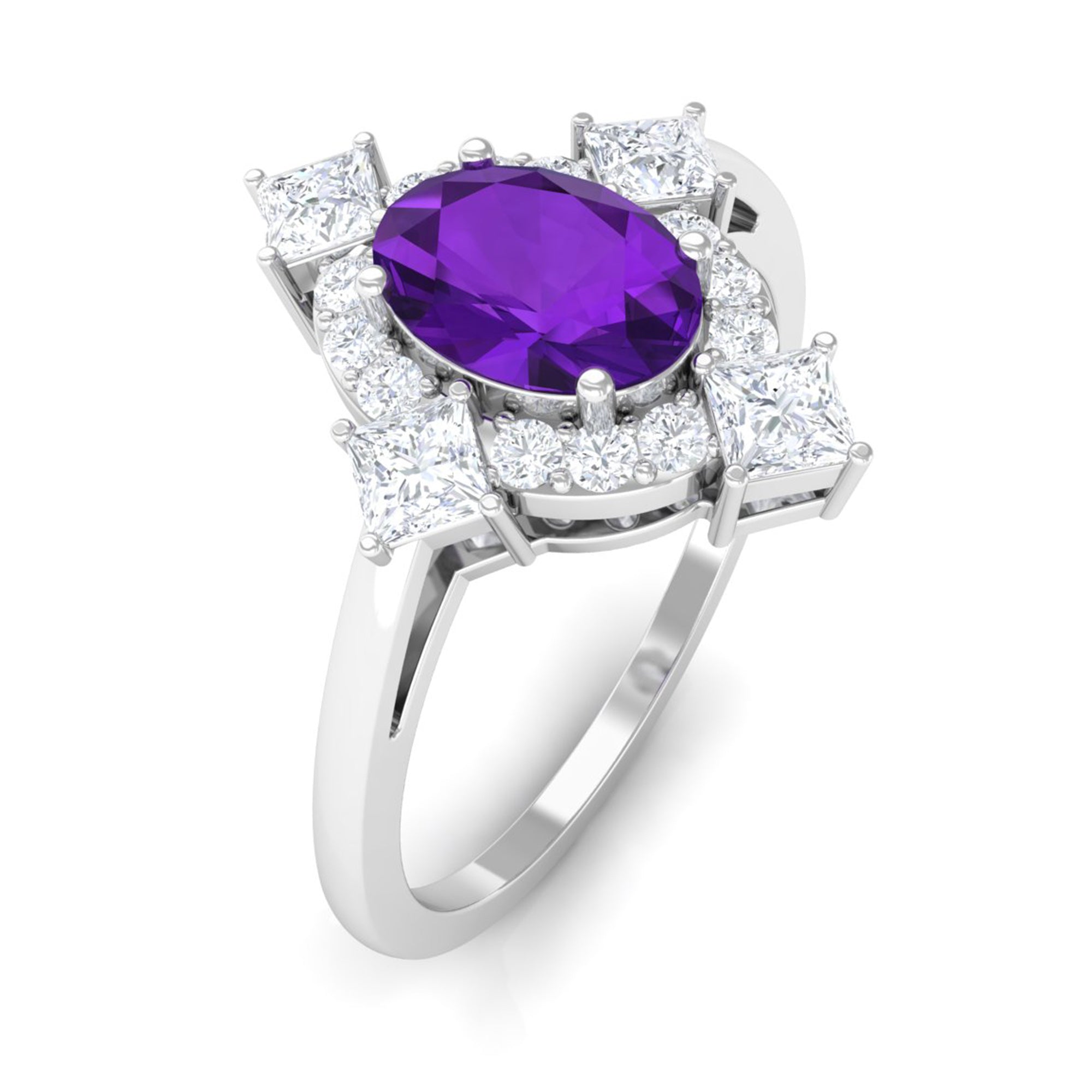 Rosec Jewels-Oval Amethyst Halo Cocktail Ring with Diamond