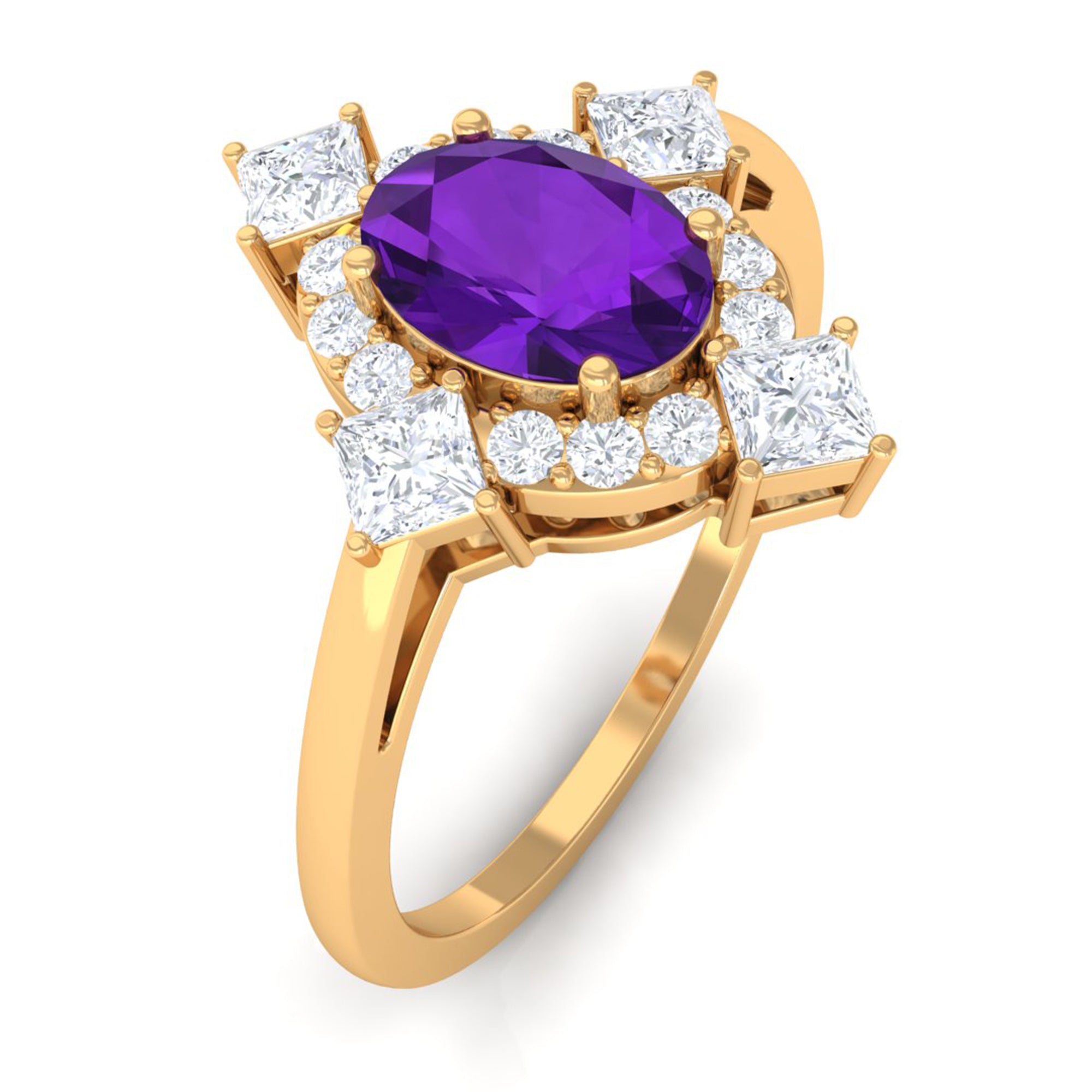 Rosec Jewels-Oval Amethyst Halo Cocktail Ring with Diamond