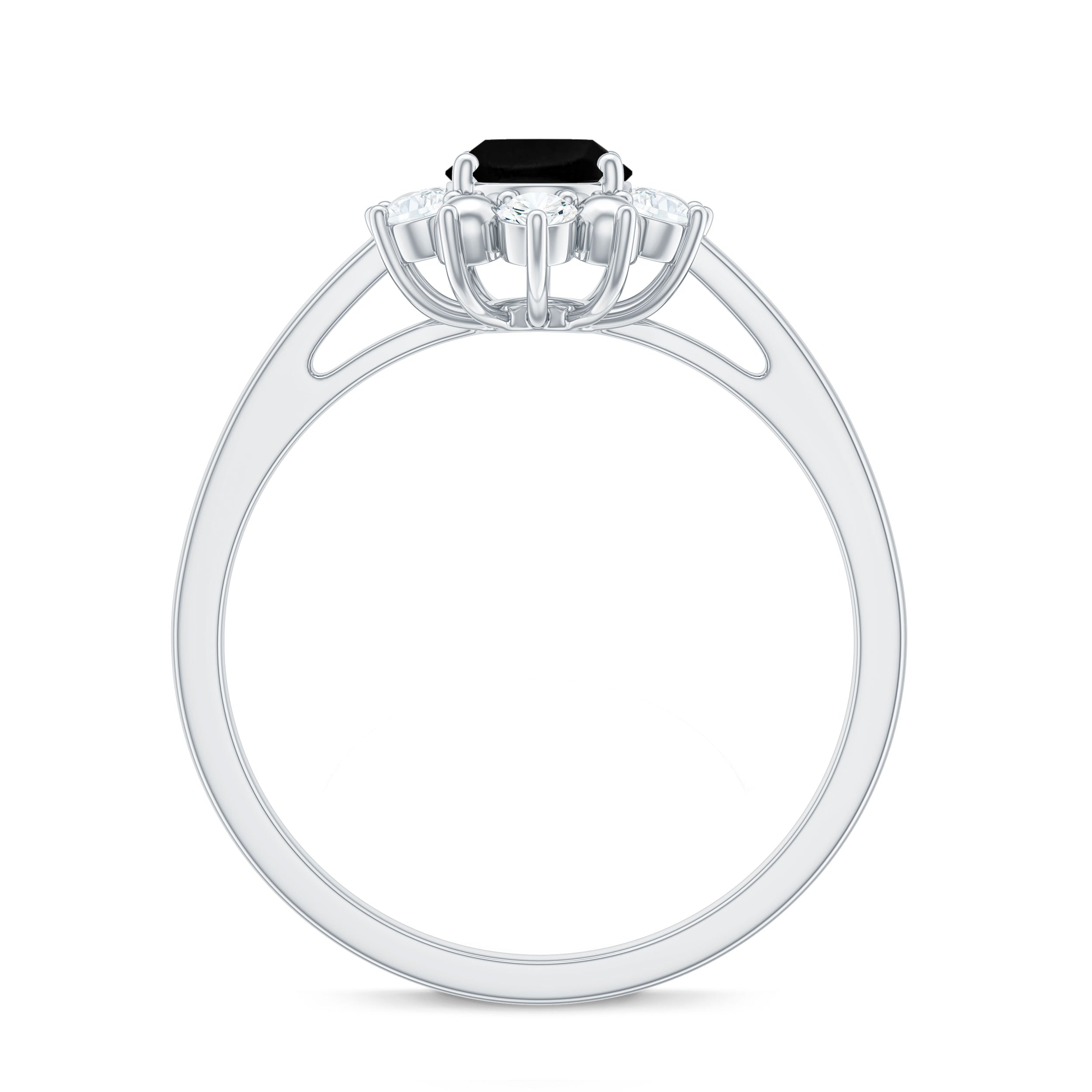 Rosec Jewels-Oval Created Black Diamond Floral Halo Engagement Ring with Diamond