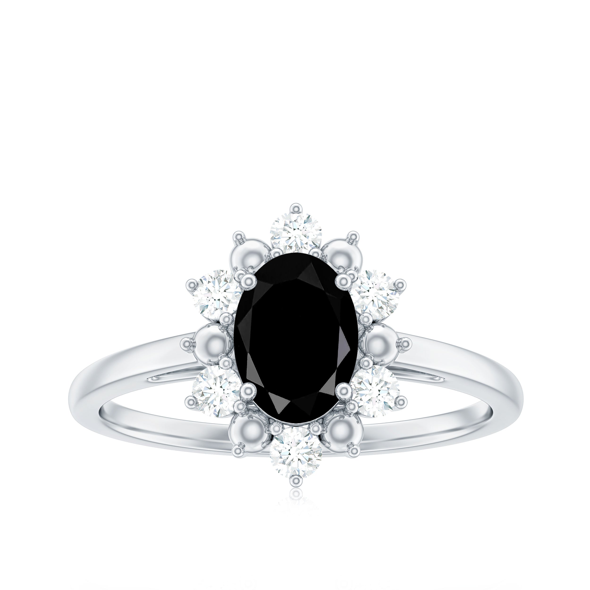 Rosec Jewels-Oval Created Black Diamond Floral Halo Engagement Ring with Diamond