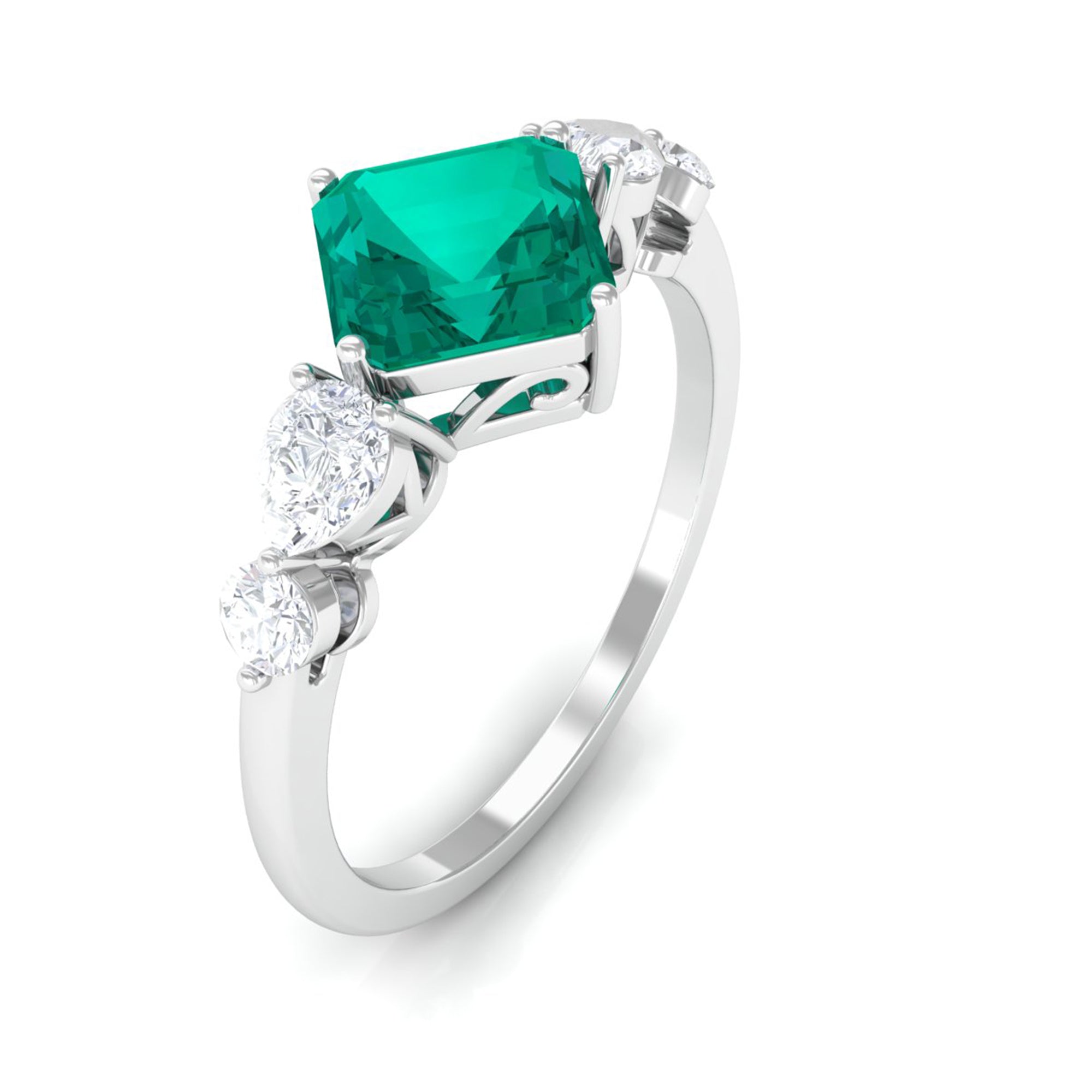 Rosec Jewels-Simple Asscher shape Emerald Solitaire Engagement Ring with Diamond