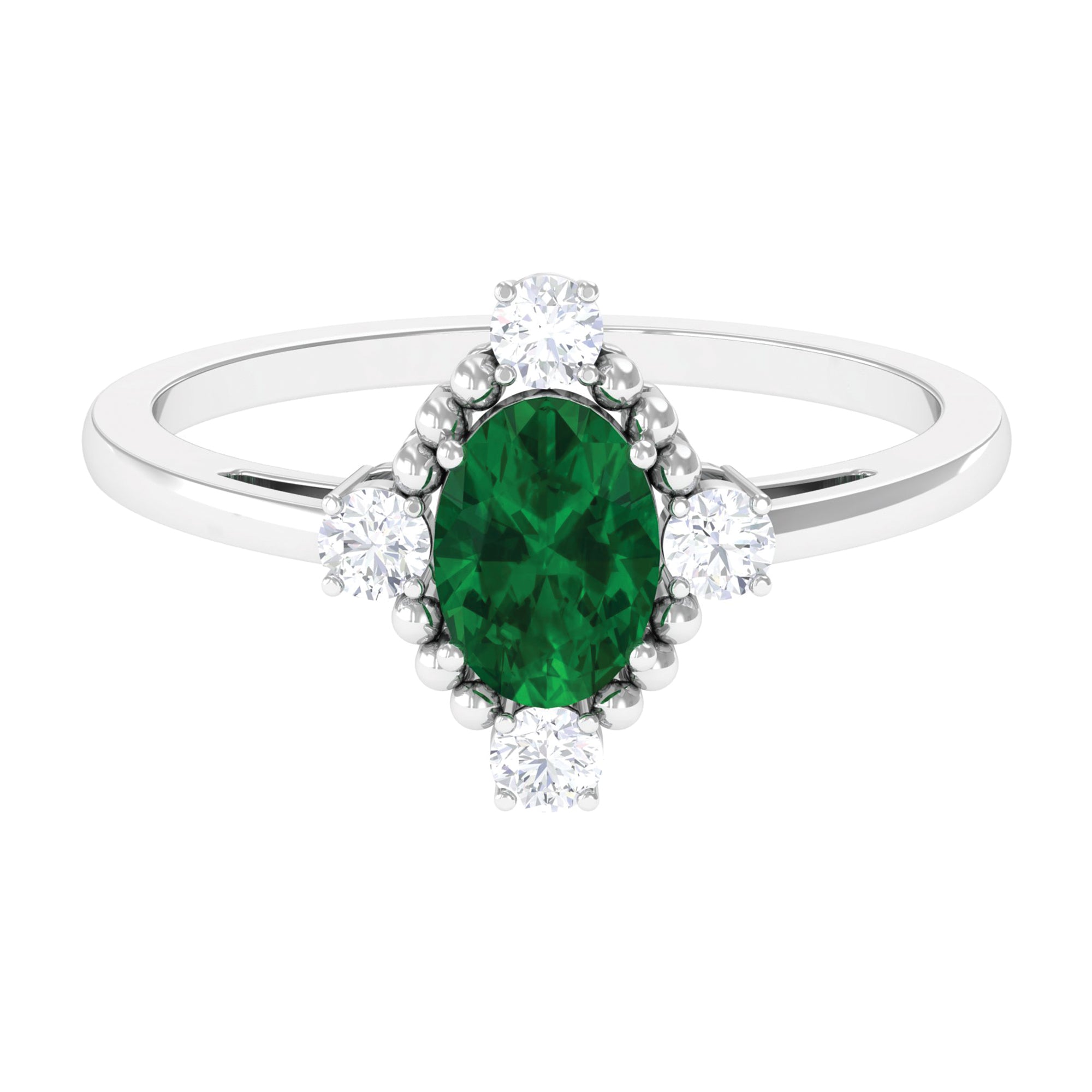 Rosec Jewels-Vintage Style Oval Created Emerald Solitaire Engagement Ring with Diamond