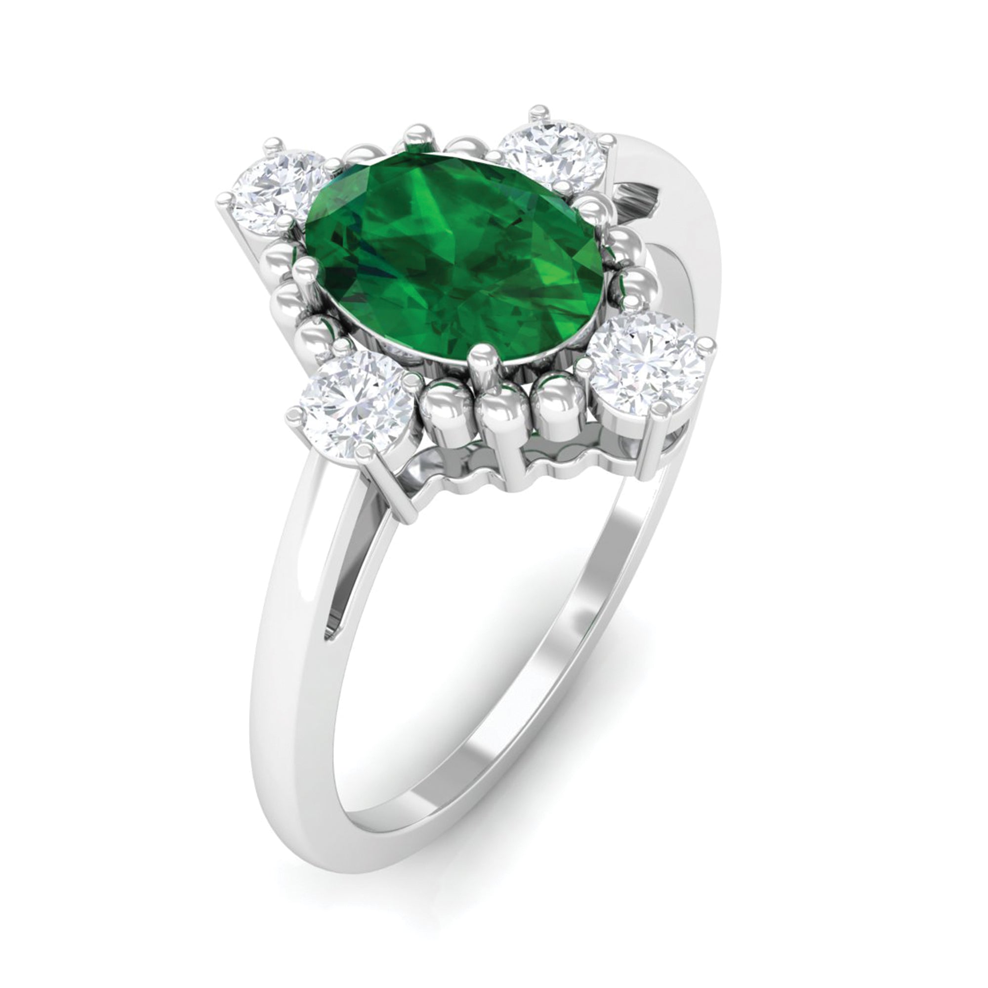 Rosec Jewels-Vintage Style Oval Created Emerald Solitaire Engagement Ring with Diamond